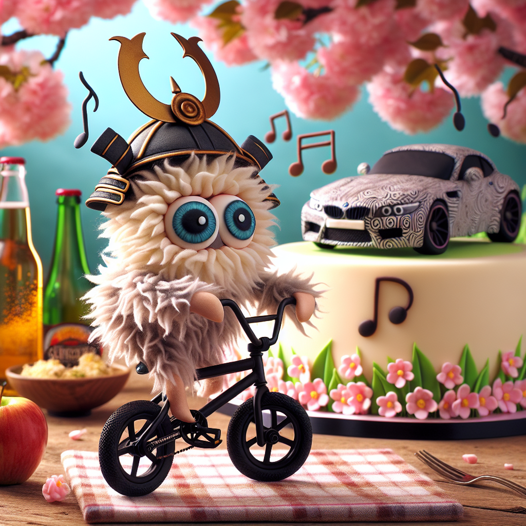 A delightful birthday-themed illustration. The centerpiece is a quirky, wide-eyed creature, covered in fluff, riding a BMX bicycle. This endearing sight is accompanied by musical notes from Drum and Bass music that appear to be playfully dancing in the air. The character is sporting a whimsical samurai helmet, chaptering a unique love for Japanese culture. The backdrop enhances the theme with its bloom of cherry blossoms, adding a dash of serene beauty. In the forefront, a laid-back picnic environment is visible with a bottle of apple cider and a meticulously crafted fondant replica of a BMW Z3 sports car sitting atop a cake, contributing to the celebration.
Generated with these themes: Dnb, Bmx, Cider, Japan, and Bmw z3.
Made with ❤️ by AI.