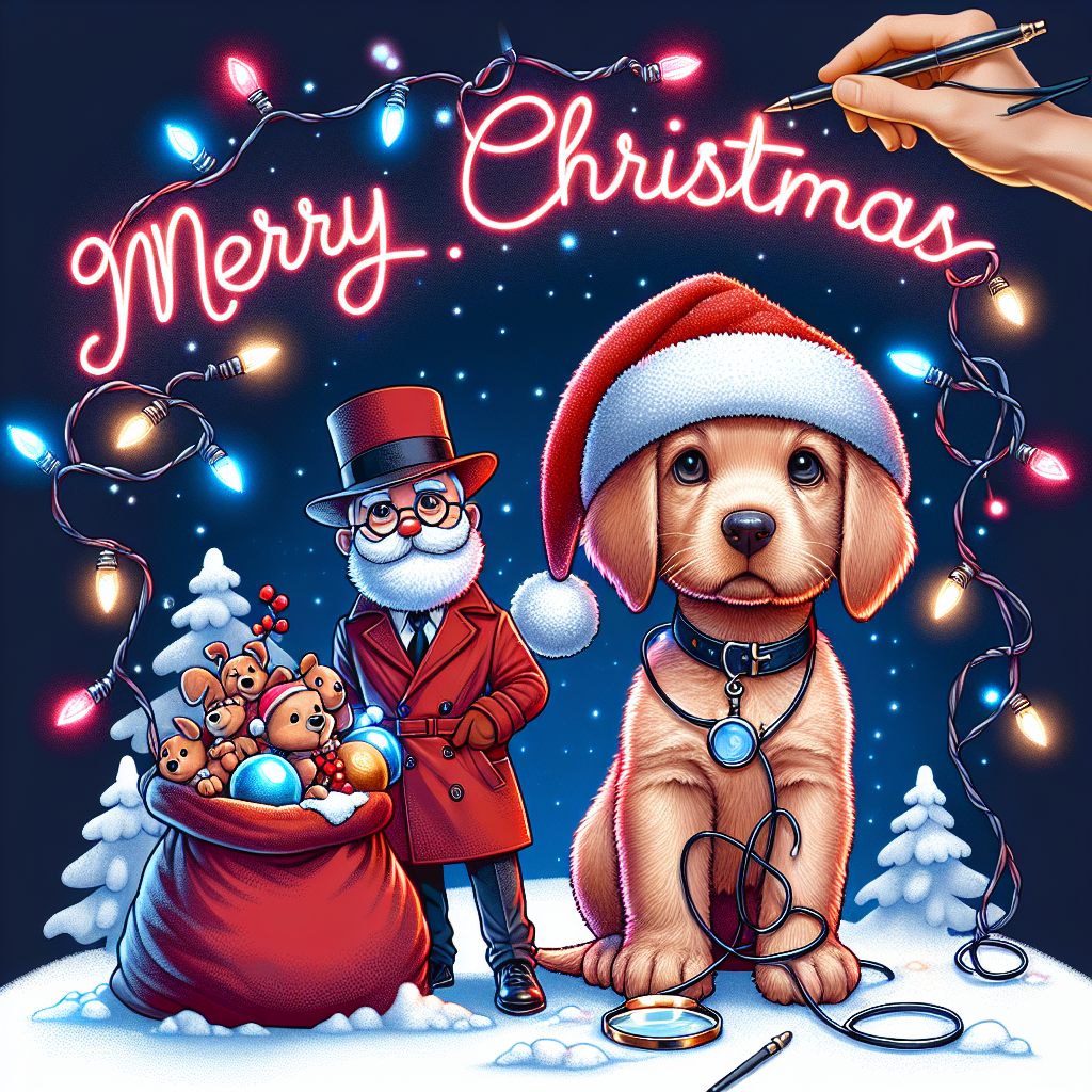 An illustration featuring Scrappy Doo wrapped in sparkling Christmas lights, with Inspector Gadget dressed as Santa Claus beside him. A sack of toys with the Gadget logo rests in the snow. Above them, in festive lettering, 'Merry Christmas' glows softly like a neon sign.
Generated with these themes: Scrappy Doo , and Inspector Gadget.
Made with ❤️ by AI.