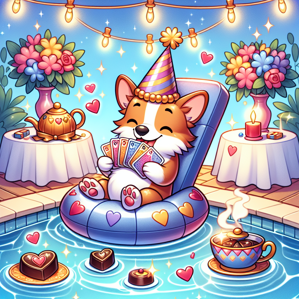 Illustrate a whimsical and cute cartoon to celebrate an anniversary. The scene features an endearing corgi dog wearing a party hat, happily perched on a floating deckchair within a glittering swimming pool. The corgi is playing with vibrant colored cards in its paws, showcasing a winning hand which puts a joyous glint in its eyes. Surrounding the pool, visualize tables decorated with love-shaped chocolates, along with a steaming pot of tea accompanied by inviting cups. These elements collectively evoke a soothing and joyful ambiance, enhancing the festive mood of the scene.
Generated with these themes: Corgi, Swimmingpool, Playing cards, Chocolate, and Tea.
Made with ❤️ by AI.