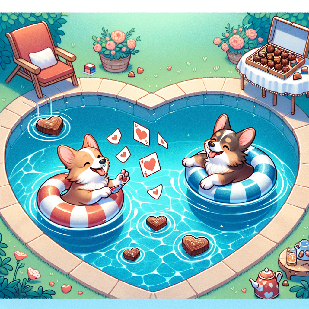 Create an endearing cartoon scene to commemorate an anniversary. In it, two Corgi dogs are observed making the most of a sunny day in the vicinity of a swimming pool in the shape of a heart. They are happily floating on pool rings, engaging in a playful card game by tossing them to one another. Near the poolside, a table is visible, carrying an abundance of delectable chocolates and a teapot filled with fragrant tea. The pool's crystal clear blue water mirrors their delight, encapsulating the warmth and lively spirit of their shared special day.
Generated with these themes: Corgi, Swimmingpool, Playing cards, Chocolate, and Tea.
Made with ❤️ by AI.