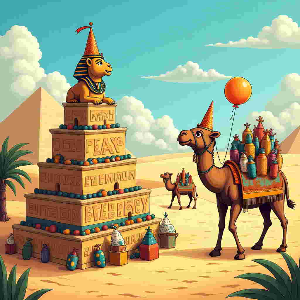 In this imaginative birthday greeting card illustration, the scene is set in ancient Egypt, replete with a touch of whimsical humor and detailed, expressive artistry. Picture a bustling Egyptian marketplace on a sunny day. In the foreground, an extravagant, tiered birthday cake towers like a mini pyramid, each layer festooned with hieroglyphics made from icing. Atop the cake, a small but regal sphinx sits, wearing a party hat that mirrors the grandeur of a pharaoh's headdress. Its eyes glisten with tiny, reflective sugar crystals, and it holds a miniature scroll that reads "Mal" in elegant, cursive frosting.

The background features the iconic Great Pyramids under a cerulean blue sky, where puffy cumulus clouds float lazily by, and one cloud humorously takes the shape of an Anubis-headed party balloon. Sand dunes gently ripple towards the horizon, providing a golden backdrop that catches the warm light of the sun.

Among the market stalls, animated vendors sell peculiar birthday wares. One vendor, a chubby man in a traditional linen kilt, energetically hawks sarcophagus-shaped piñatas, their surfaces detailed with intricate Beardsley-style line work. Nearby, another stall displays an array of brightly colored scarab beetles made from shimmering, jewel-toned candy, their iridescent shells catching the eye.

In the midst of this scene, a joyful camel adorned with a bright, tasseled blanket, laden with presents wrapped in papyrus scroll-patterned paper, strides along the path. Its wide eyes and slightly crooked smile add to the card's humor.

This birthday greeting card, with its blend of Egyptian splendor and playful elements, offers a delightful visual feast inspired by the detailed storytelling of Rackham and the lively expressiveness of Quentin Blake, all with a distinctly humorous twist.
Generated with these themes: Egypt.
Made with ❤️ by AI.