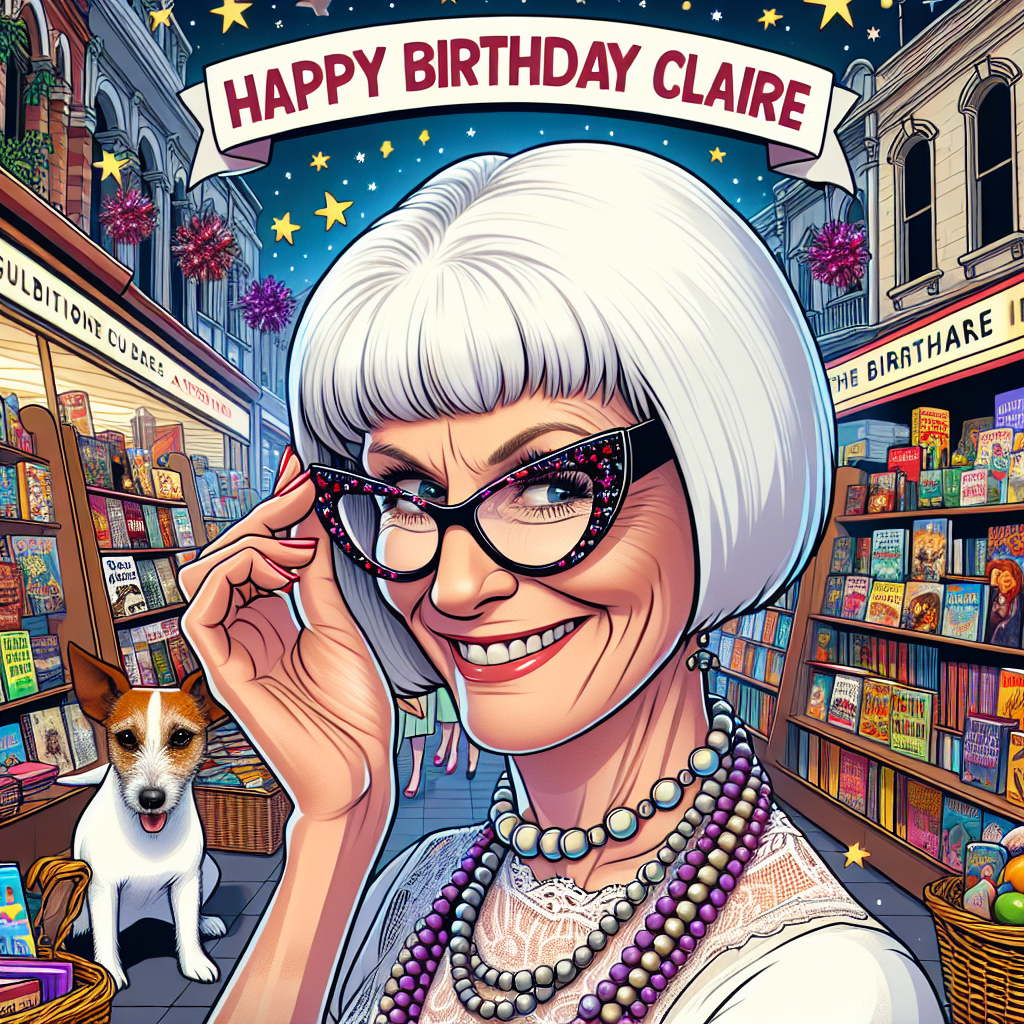 The image showcases a mirthful Caucasian lady with her white bob cut hair, adorned with fashionable glasses, being the central character in a festive setting. She is depicted as a bookseller, comfortably located in an unconventional bookstore in Australia that ingeniously fuses with the features of a theater entrance. Shelves are brimming with books, eager to unleash their tales into the depiction of bustling Australian streets. A Jack Russell Terrier is subtly blended into the background, its lively spirit matching the overall mood. Above everything, 'Happy Birthday Claire' text is vividly displayed in a comic style font, providing a celebratory conclusion to the birthday-themed scene.
Generated with these themes: Caucasian woman with white bobbed hair and glasses, Bookseller, Australia, Theatre, Jack russell in the background, and Happy Birthday Claire in the background.
Made with ❤️ by AI.
