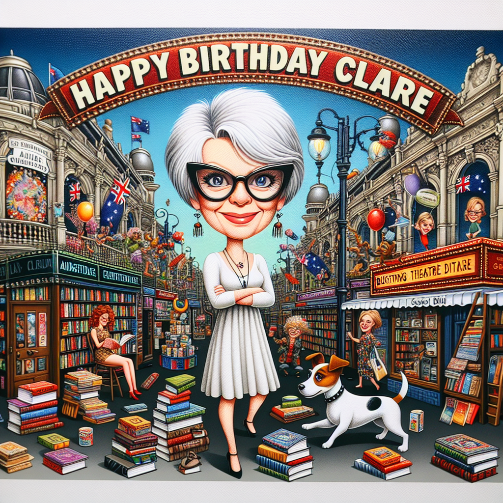 A vibrant and amusing cartoon birthday scene is spread across the canvas. In the center stands a Caucasian woman characterized by a distinct white bobbed hairstyle and chic glasses. She is placed amidst a quirky bookstore that is richly themed with Australian accent implying to be a part of its cultural and literary heritage. It is surrounded by towering shelves filled to the brim with diverse books. Next to her, elements from a bustling theatre district are visible through the windows. A playful Jack Russell terrier, a character adding a touch of whimsy, frolics among the stacks of books in the background. Above all, the words 'Happy Birthday Claire' are floating, written in a colorful and festive font, effectively capturing the spirit of a joyous occasion and personalizing it in a unique way.
Generated with these themes: Caucasian woman with white bobbed hair and glasses, Bookseller, Australia, Theatre, Jack russell in the background, and Happy Birthday Claire in the background.
Made with ❤️ by AI.