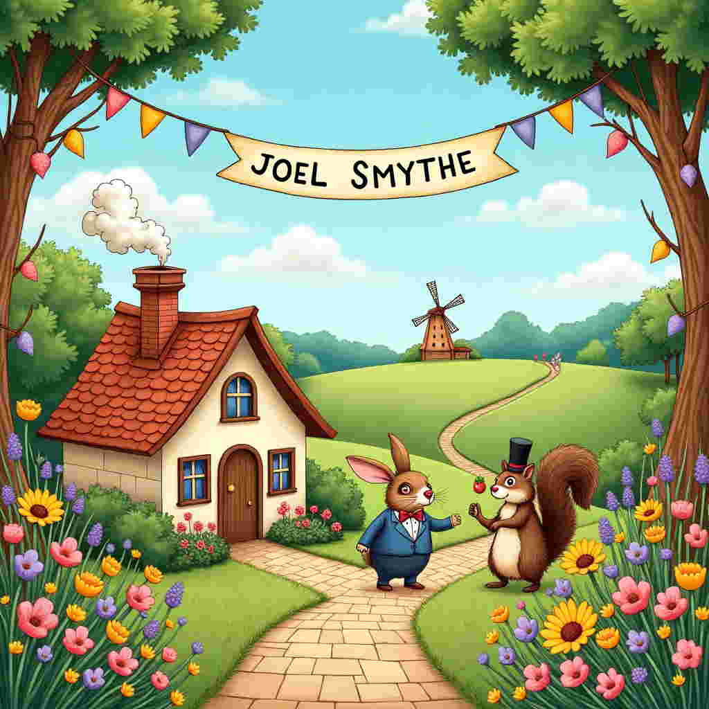 **Front Cover Design for a Sympathy Greeting Card:**

In the foreground, a charming and slightly eccentric hand-drawn scene unfolds. Picture a quaint, whimsical village set in a lush, rolling landscape reminiscent of a Norman Rockwell painting, with a touch of Quentin Blake's playful line work. 

A cobblestone path winds through the village, leading to a tiny, quirky cottage with a slightly crooked chimney puffing out a thin, whimsical cloud of smoke. The cottage is surrounded by oversized, vibrantly colored flowers in shades of sunlit yellow, soft lavender, and blush pink, resembling a Maxfield Parrish palette.

In front of the cottage, a small group of anthropomorphic animals, reminiscent of Beatrix Potter's style, gathers in a humorous, yet endearing scene. A dapperly dressed rabbit wearing a bow tie holds a comically large handkerchief, while a solemn hedgehog wearing tiny spectacles and a top hat peers at a cheeky squirrel juggling acorns.

Above them, suspended between two tree branches, a banner flutters gently. It's made of pastel-colored bunting triangles, and in the center, artistically handwritten in a playful yet elegant font is the text "JOEL SMYTHE." 

The background is filled with a rich tapestry of lush greenery and delicate wildflowers, illustrated with intricate detail reminiscent of Arthur Rackham's enchanting forests. The sky is a Maxfield Parrish inspired deep cerulean blue, peppered with fluffy, cotton candy-like clouds.

In the distance, a tiny, whimsical windmill spins lazily, echoing the charming and light-hearted nature of Maurice Sendak’s storytelling. The scene is a balance of humor and heartfelt charm, capturing the essence of a sympathy card with a delightful twist.
Generated with these themes: YOU ARE FUNNY.
Made with ❤️ by AI.