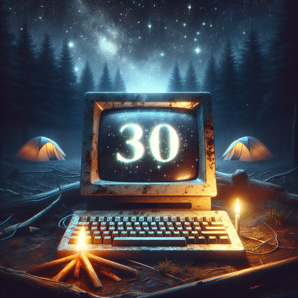 Create an evocative image representing a distinctive birthday. A tarnished computer screen is situated in a mystical dark forest, displaying prominently the number '30'. The flickering glow of a nearby campfire casts an inviting, warm aura across the computer's keys. Tents have been set up in the background under the night sky ladened with sparkling constellations, symbolizing an attachment to the silence and serenity of nature. This scene carries the celebratory yet reflective atmosphere of a milestone birthday.
Generated with these themes: 30, Computer , Camping, and Love.
Made with ❤️ by AI.