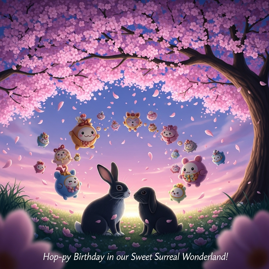 ### Image Prompt

A mesmerizing scene unfolds beneath a cherry blossom tree in full bloom, its delicate pink petals swirling around like a gentle storm. At the heart of this ethereal landscape, a pair of black rabbits emerge: one with a distinctive white nose, the other a black lop, their fur blending seamlessly into the surreal surroundings. Around them, an array of whimsical sweeties float, defying gravity, their vibrant colors contrasting against the twilight-hued sky. The rabbits gaze at each other with eyes filled with wonder, creating an atmosphere of dreamlike romance.

### Caption

"Hop-py Birthday in our Sweet, Surreal Wonderland!"
Generated with these themes: Cherry blossom tree, Black rabbit with white nose, Black lop rabbit , Sweeties , and .
Made with ❤️ by AI.