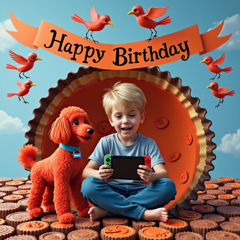 For the second variation, the scene is set in an oversized Reese's peanut butter cup wrapper, with Gabriel's name inscribed along the crimped edges in a playful typeface. Inside this surreal wrapper-realm, a life-size 10-year-old blonde boy with brown eyes sits cross-legged, excitedly pressing buttons on a Nintendo Switch, with 'Fortnite' graphics vividly wrapping around the surrounding interior like living wallpaper. Standing guard next to him is a stylized oversized red poodle made of swirling, soft red candy ribbons, with a blue collar tagged 'Gabriel'. Above them, a flux of birds with elongated tails and iridescent feathers carry a banner with the words 'Happy Birthday' lettered in a dynamic, flowing script. The ground beneath them is a mosaic of Reese's peanut butter cups, arranged to depict the number '10', complementing the surreal atmosphere of this fantastical chocolate-themed celebration.
Generated with these themes: Blonde boy with brown eyes , Red poodle , Fortnite switch game, Age 10, Reese's peanut butter cups, and Birds .
Made with ❤️ by AI.