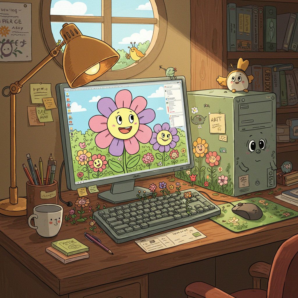 The scene is set in a cozy, sunlit home office, with an oversized computer dominating the desk. The monitor screen displays a colorful cartoon flower with large, exaggerated petals in shades of pink, purple, and blue, whimsically smiling out at the viewer. The flower's cartoonish eyes are wide and lively, taking inspiration from Osamu Tezuka’s expressive characters. The keyboard is a comical garden bed, with cartoon-style flowers growing out between the keys. Each flower has an exaggeratedly large blossom, reminiscent of Bill Watterson’s playful nature scenes.

The computer tower beside the monitor has an anthropomorphic face, with a tiny, cartoonish flower delicately perched on top, echoing Charles Schulz’s simplistic yet endearing charm. The tower’s eyes are large and round, evoking a gentle, inviting gaze, akin to Walt Disney’s classic character design. The mouse sits on a mousepad that depicts a lush cartoon garden, teeming with tiny bugs that have R. Crumb-style zany expressions.

The background of the scene is lined with bookshelves filled with colorful, animated-looking books that have exaggeratedly thick spines and cartoonish titles. A round window above the desk shows a bright blue sky dotted with Hergé-like fluffy clouds, giving a clean and simple backdrop. A cheerful bird, with Winsor McCay's elaborate detailing in its feathers, peeks into the window, adding to the animated scenery.

A playful desk lamp, with its long neck bent like a snake, casts a warm, golden light over the entire scene, reminiscent of Will Eisner’s graphic storytelling style. The desk is cluttered with sticky notes and pencils, each drawn with exaggerated proportions and vivid colors, enhancing the whimsical, vibrant feel. The card cover is designed to be lively and animated, transforming a typical office scene into a delightful garden of cartoon joy.
Generated with these themes: Computer with flower on keyboard.
Made with ❤️ by AI.