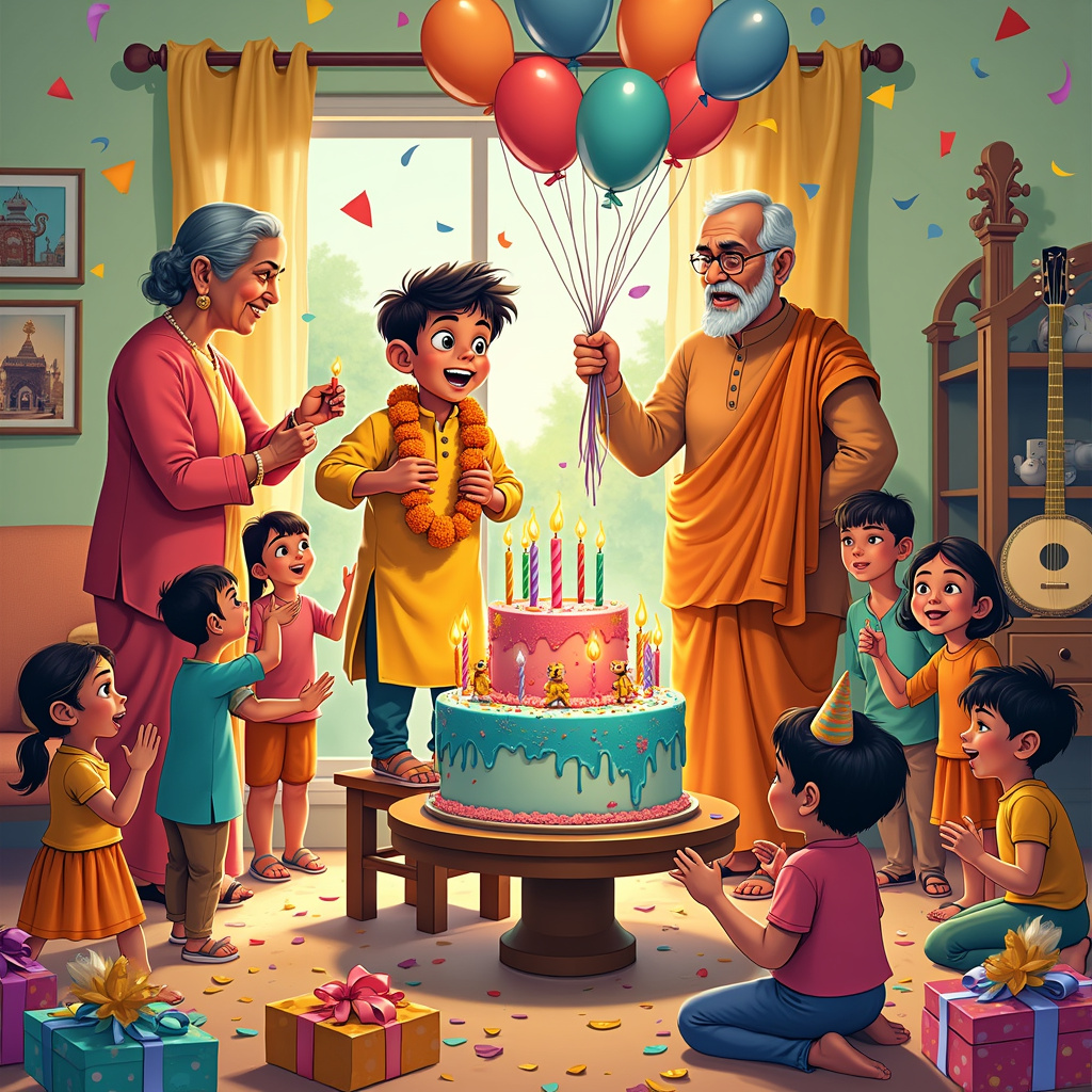 Picture a vibrant, bustling living room filled with an extended Indian family, joyously celebrating Widjai's big birthday. At the center of the scene is Widjai, a cheerful Indian boy with wide eyes and a big smile, wearing a colorful kurta and a festive party hat with a tiny tassel on top. He’s standing on a stool to blow out the candles on an enormous, multi-layered cake, which is covered in bright icing and decorated with a delightful assortment of toppings, from sprinkles to edible glitter, and tiny figurines of elephants and peacocks.

Around Widjai, family members are depicted in loving, comical poses. His grandmother, dressed in a traditional sari with her silver hair neatly tied in a bun, is holding a massive garland of marigold flowers, ready to drape it around Widjai’s neck. His grandfather, with a jovial belly laugh and a neat white mustache, is standing by with a hand-cranked noisemaker, adding a touch of playful chaos.

Widjai’s cousins are gathered around, some holding balloons in the shapes of stars and moons, others playfully tossing colorful confetti in the air. One cousin, a mischievous little girl, is trying to sneak a piece of cake with her fingers, her eyes wide with excitement and her pigtails bouncing. There are streamers hanging from the ceiling, swaying gently with the movement of the celebration.

In the background, a large banner strung across the wall reads "Happy Birthday Widjai" in bold, cheerful letters. The room itself is richly decorated with Indian tapestries, and traditional Indian musical instruments like a tabla and a sitar are propped in the corner, hinting at the ongoing festivities. On a side table, gifts wrapped in bright, intricate paper are stacked high, with tags that show handwritten messages of love and good wishes.

To add a unique twist inspired by Gary Larson’s The Far Side, a pet dog, wearing a small party hat, is amusingly caught in mid-jump, attempting to reach a slice of cake that one of the adults is holding just out of reach, his eyes wide with determination. 

The scene is captured in a comic book style, with bold lines and vibrant colors, combining the joyful chaos of a large family celebration with whimsical, cartoonish exaggerations that make each character and detail burst with life and humor.
Generated with these themes: A INDIAN  BOY HAVING BIG  BiRTHDAY WITH CAKE AND FAMILY ,HAPPY BIRTHDAY  Widjai.
Made with ❤️ by AI.