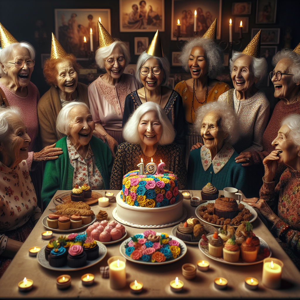 Create a heartwarming image of a realistic birthday celebration. At the center, a richly decorated birthday cake is garnished with bright edible flowers. Around it, a group of elderly women with faces etched with wisdom, of different races such as Caucasian, Hispanic, Middle-Eastern, Black, South Asian, and White, are joyfully sharing stories and laughter, each donning festive party hats. The atmosphere exudes warmth and inclusivity, reflected in the meticulously arranged table filled with various homemade delicacies. All of this is set under the soft, inviting light of candles, lending the room a cozy, celebratory ambiance.
Generated with these themes: Old fat ladies .
Made with ❤️ by AI.