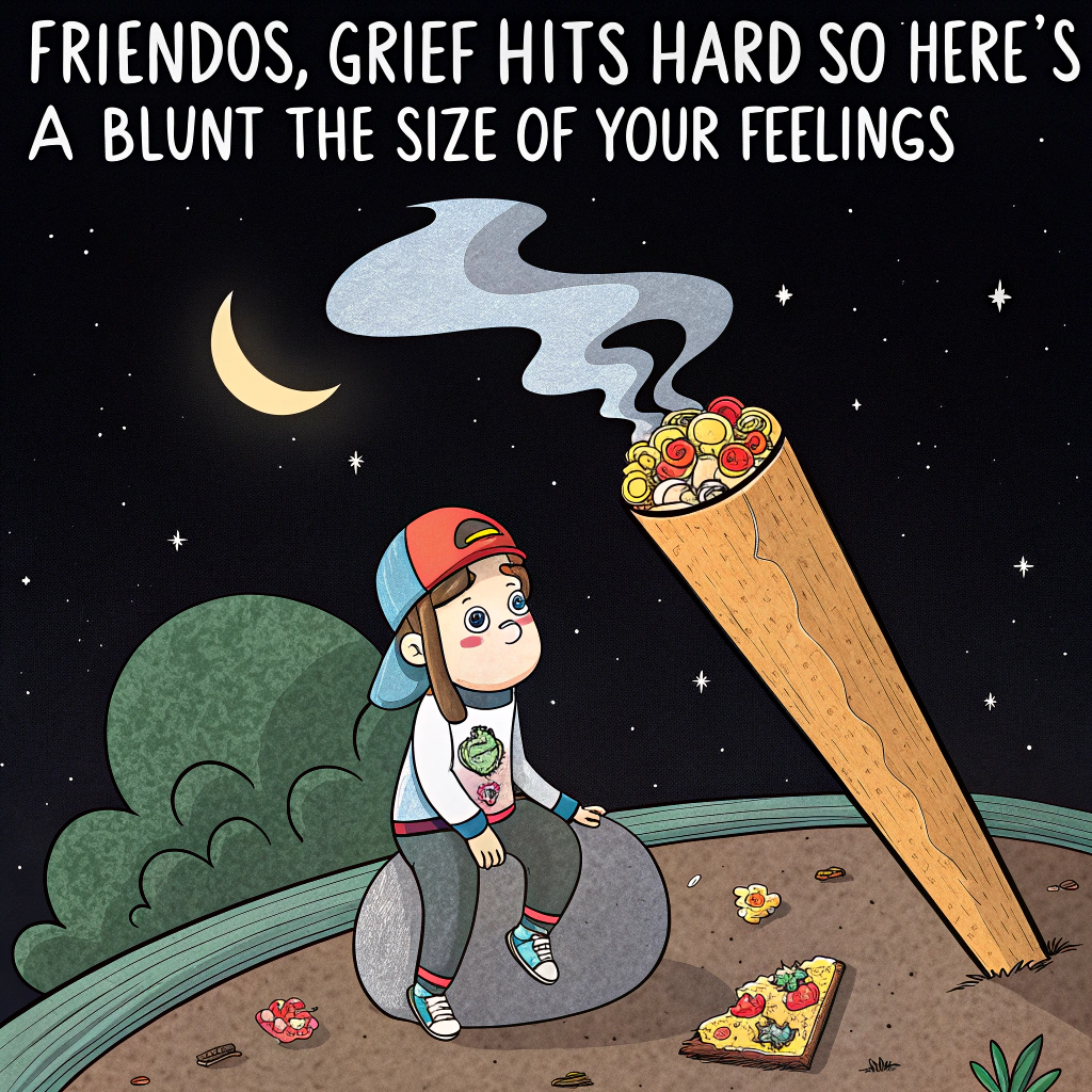 At the top of the image, "Friendos, grief hits hard—so here’s a blunt the size of your feelings."

- In the center of the illustration, depict a vast black void stretching infinitely in every direction, with stars barely twinkling in the distance. Floating within this void is a cartoonish, hilariously oversized weed blunt—so massive it has its own orbiting satellite of snack foods like chips and gummy bears.  
- Perched solemnly on the blunt is a small, pensive cartoon character with wild bedhead, wrapped in a blanket burrito, looking both deeply reflective and just a little bit baked.  
- Wisps of smoke form sad-face emojis and rainclouds, giving the whole scene a gently absurd melancholy vibe.  
- Add at the bottom of the image: “Loss sucks. If only we could roll up the void too. Sending smoky, snacky solidarity.”
Generated with these themes: Giant weed blunt, and Black void.
Made with ❤️ by AI.