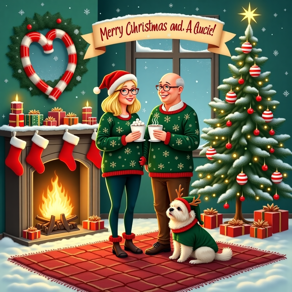 Curvy lady with blonde bob and glasses stood with a bald man alongside a small lhasa apso dog Christmas Card