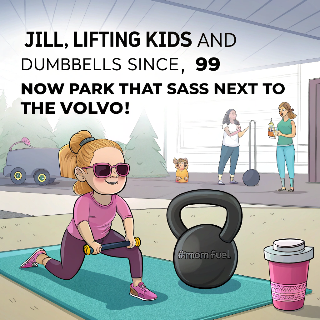 At the top of the realistic photograph image, "Jill, lifting kids and dumbbells since ’99—now park that sass next to the Volvo!"

Image description:
A humorous, realistic photo set in a brightly lit gym. In the foreground, a lone kettlebell sits on a yoga mat, but instead of being a regular kettlebell, it has been cleverly painted to look like a toddler's head wearing tiny sunglasses. Next to it, a pair of pink furry slippers rests by a protein shake cup that has “#MomFuel” written on it. Behind the gym equipment, seen through large glass windows, is a shiny parked Volvo SUV with a roof box labeled “Snack Stash.” There's a subtle lipstick kiss mark on the steering wheel, visible through the windshield. The whole scene cheekily nods to multitasking mom life—fitness and school runs with flair.
Generated with these themes: Working out at the gym, and Volvo suv in background.
Made with ❤️ by AI.