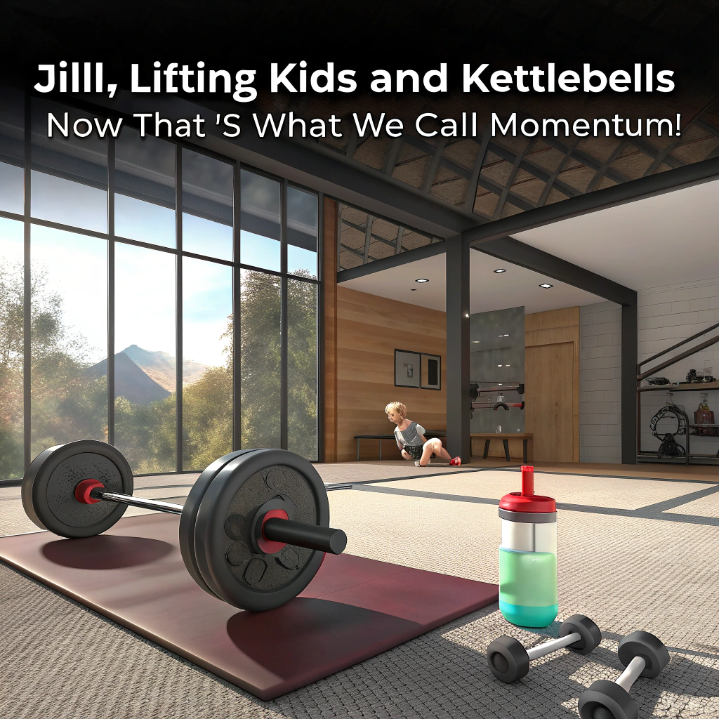 At the top of the image, "Jill, lifting kids AND kettlebells—now that’s what we call MOMentum!"

- The image shows the interior of a high-end gym in realistic photographic style.  
- In the foreground, a gym mat features a heavy barbell awkwardly bent—clearly the aftermath of someone trying a “mom-level” lift.  
- Off to one side, a sweaty protein shake bottle has been replaced by a baby bottle.  
- In the background, seen through a large glass window, a pristine Volvo SUV is parked—its back filled to the brim with soccer balls, grocery bags, yoga mats, and a teddy bear wedged against the window.  
- The entire scene exudes an exaggeratedly chaotic "mom-on-the-go" vibe, juxtaposed with a hyper-realistic, pristine gym environment.  
- Optional detail: One dumbbell is labeled “patience” and the other “sleep”.
Generated with these themes: Working out at the gym, and Volvo suv in background.
Made with ❤️ by AI.