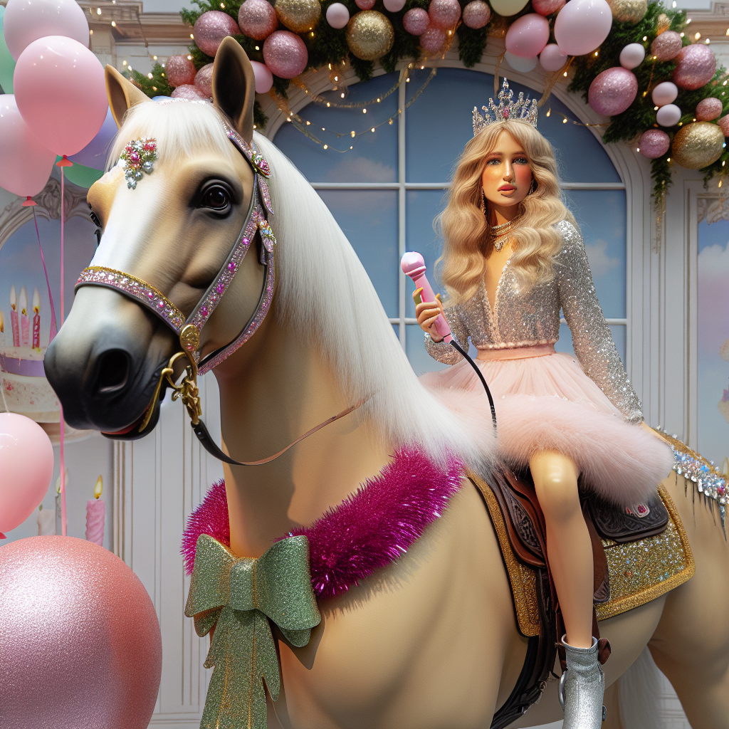 A delightful scene of a blond woman, in a celebratory attire, atop a majestic palomino horse decorated with a glimmering birthday saddle. The backdrop is filled with lifelike birthday adornments such as balloons and streamers in gentle pastel hues. A quirky addition is a pink microphone in the woman's hand, signalling a joyous birthday melody permeating the ambiance.
Generated with these themes: Barbie riding palomino horse with a Barbie singing pink.
Made with ❤️ by AI.