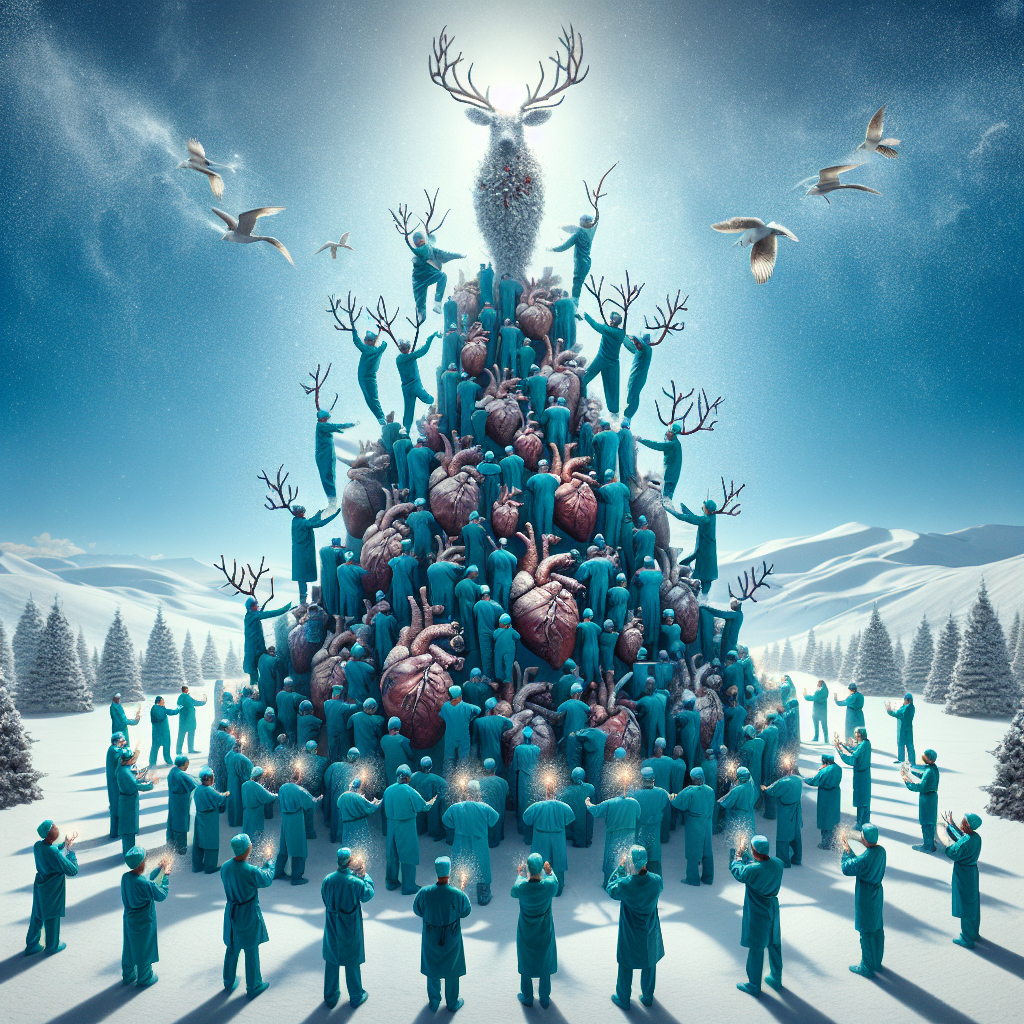 In a landscape where the snowy ground melds with the cerulean sky, a towering Christmas tree comprised of an assortment of surgical tools stands as a monument to the avant-garde. Scrub-clad surgeons with reindeer antlers delicately balance atop one another in a gravity-defying formation, meticulously decorating the tree with ornaments shaped like anatomical hearts and lungs, enveloped in a shimmering gossamer mist.
Generated with these themes: surgeon.
Made with ❤️ by AI.