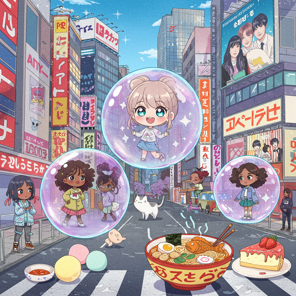 **Front Cover Description:**

The scene bursts with vibrant colors and a whimsical, cartoonish style, inspired by the playful aesthetics of Charles Schulz and the imaginative worlds of Osamu Tezuka. The setting is a bustling Tokyo street, depicted with the distinct flair of an anime cityscape—towering skyscrapers adorned with neon lights and billboards showcasing anime characters and K-Pop stars.

**Foreground:**

- **Central Character:** A chibi version of a 19-year-old light-skinned girl with exaggerated large, sparkling eyes and a mischievous smile floats inside a giant translucent bubble. Her bubble is nestled among other bubbles that contain her four chibi-style friends, each with distinctive hairstyles and outfits that reflect their vibrant personalities.
  
- **Friends:** The four 19-year-old black lady friends each wear brightly colored, fashion-forward outfits inspired by modern Tokyo streetwear. They are depicted with exaggerated expressions of surprise and delight, their eyes wide and cartoonish.

**Midground:**

- **Cats and Kittens:** Playful cats and kittens frolic among the bubbles, some peering curiously into them. The cats have exaggerated features, large eyes, and small mouths, reminiscent of Bill Watterson's lively animal characters. Their fur is a mix of pastels and vivid hues—pink, mint, and lavender.

- **Japanese Cuisine:** Floating in mid-air around the bubbles are cartoonishly rendered bowls of real Japanese ramen, with steam spiraling up and garnished with slices of vibrant pink fish cake. Nearby, mochi ice cream balls in pastel shades of pink, green, and yellow hover like tiny planets, and slices of strawberry cheesecake with exaggerated dripping strawberries add a sweet touch.

**Background:**

- **Billboards:** A massive billboard in the background features the K-Pop band TOMORROW X TOGETHER, depicted in an exaggerated cartoon style. The members are striking dynamic poses with oversized microphones, surrounded by bright lights and musical notes.

- **Anime Influence:** Posters and banners celebrating anime characters flutter in the breeze, adding an extra layer of cultural richness to the cityscape. Characters are drawn in classic manga style with sharp lines and expressive poses.

**Text Element:**

- **"Victoria Antoine":** This name is creatively incorporated into the scene by being spelled out with whimsical clouds floating high in the sky, above the Tokyo cityscape. The letters are fluffy and dynamic, shaped as if sculpted by a playful breeze.

The card exudes a sense of bustling energy and cultural fusion, perfectly capturing the spirit of a joyous, youthful birthday celebration in Tokyo.
Generated with these themes: Chibi light skin 19 year old girl floating in bubbles in tokyo japan with her four 19 year old black lady friends, Cats and kittens , Mochi Ice Cream , Strawberry Cheesecake , Real Japanese Ramen , K-Pop Band TOMORROW X TOGETHER, and Anime .
Made with ❤️ by AI.