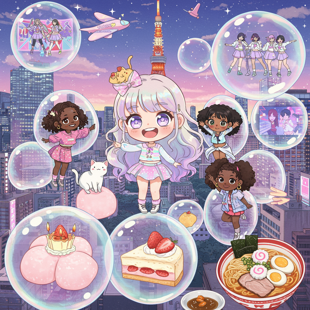 The front cover of this birthday card bursts with a whimsical and colorful cartoon-style scene. At the center, we have a chibi light-skinned 19-year-old girl with oversized eyes and a big, joyous smile. Her hair is a cascade of pastel rainbow colors, floating in bubbles high above the vibrant cityscape of Tokyo. Each bubble is transparent with a hint of iridescent sheen, showing reflections of the neon-lit skyline below.

Accompanying her are four 19-year-old black lady friends, each with unique and playful hairstyles, reflecting a mix of braids, puffs, and curls. They too are encapsulated in bubbles, each holding a different cute expression, and dressed in bright, trendy outfits that reflect K-Pop fashion influences—think exaggerated, colorful accessories and funky patterns.

Cats and kittens cavort amidst the scene, some perched atop the bubbles while others playfully bat at floating mochi ice creams. The mochi is rendered in soft pastels, with hints of powdery textures and tiny droplets of condensation.

Interspersed throughout the bubbles are slices of strawberry cheesecake, realistically detailed with layers of creamy, velvety filling and rich, red strawberry swirls. Real Japanese ramen bowls float alongside, with perfectly spiraled narutomaki and elegantly arranged scallions and nori strips.

In the background, the iconic Tokyo Tower pierces the sky, adorned with animated characters from popular anime. Giant screens on surrounding skyscrapers flash with dynamic images of the K-Pop band TOMORROW X TOGETHER, their animated figures mid-dance, projecting energy and excitement.

A tiny airplane-shaped bubble is seen overhead, trailing a banner with "Victoria Antoine" written in playful, bold letters, surrounded by a sprinkling of twinkling stars.

The color palette is vibrant and eclectic, combining candy hues with the dark outlines reminiscent of classic comics. The scene is detailed yet light-hearted, drawing on the artistic influences of Schulz, Tezuka, and Watterson, ensuring a blend of charm, wit, and intricacy.
Generated with these themes: Chibi light skin 19 year old girl floating in bubbles in tokyo japan with her four 19 year old black lady friends, Cats and kittens , Mochi Ice Cream , Strawberry Cheesecake , Real Japanese Ramen , K-Pop Band TOMORROW X TOGETHER, and Anime .
Made with ❤️ by AI.