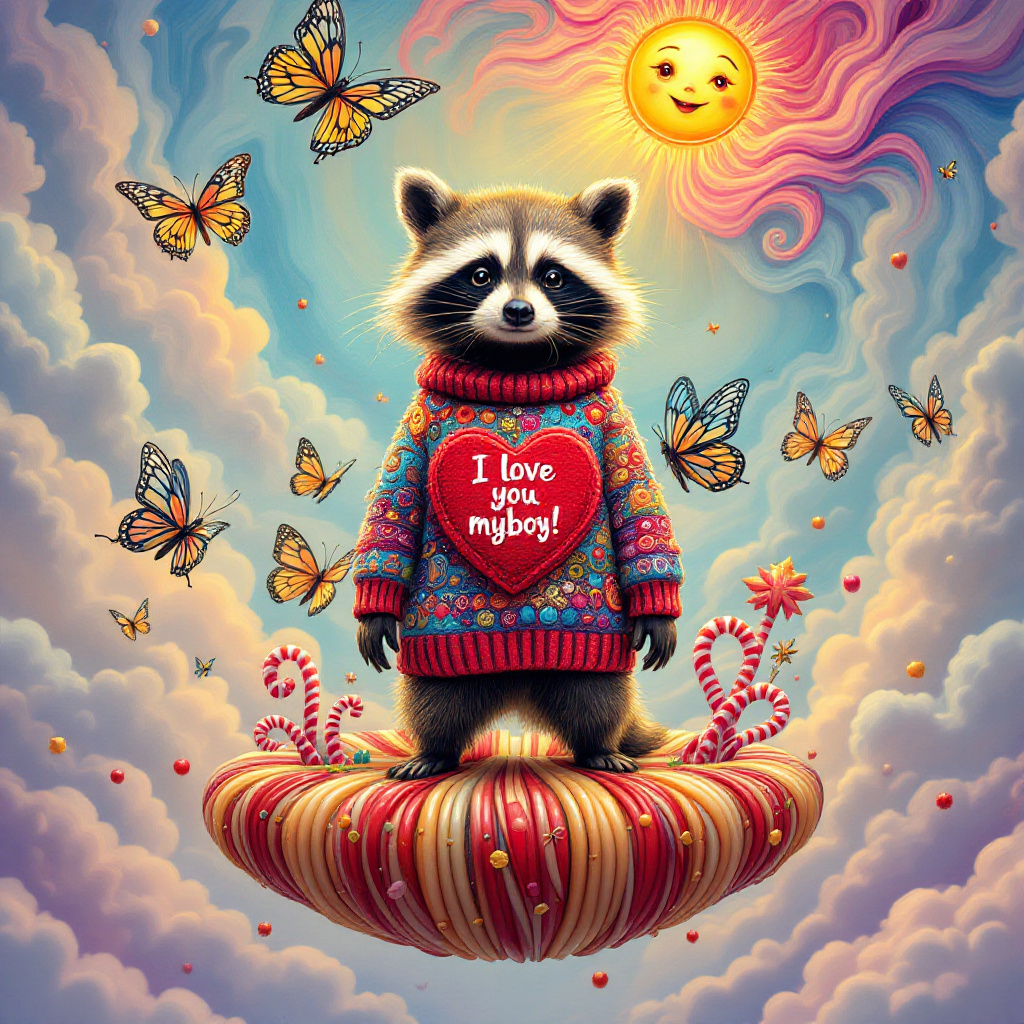 In this surreal birthday greeting card scene, the focus is on a whimsical raccoon, finely dressed in a cozy, oversized sweater that's an eye-catching kaleidoscope of color. The sweater's prominent feature is a bright red heart with the text "I love you myboy!" emblazoned in a playful, cursive font across the chest. The raccoon stands confidently on an intricately designed floating island made entirely of spiraling licorice candy. The island hovers in the air against a dreamlike background of swirling pastel clouds that twist and turn like a vibrant Van Gogh sky. Above the raccoon's head, a peculiar sun with a face that bears a knowing smile beams its light down like a golden spotlight, illuminating the raccoon in a warm glow.

Surrounding the raccoon, various objects appear to defy gravity and logic: oversized butterflies with mechanical wings flutter around, each adorned with intricate geometric patterns reminiscent of Patrick Seymour's line art. Off to the side, an array of floating, jewel-toned balloons, their surfaces reflecting the vibrant colors of the scene, dance gently in an invisible breeze. In the distance, a forest of abstract, elongated trees rises into the sky, their trunks twisted like the lines of a Joshua Davis creation, their leaves popping with shades of electric blue and neon pink. Scattered among the foliage, vividly colored candies hang like fruit, shimmering in the surreal sunlight.

In the foreground, a playful stream of multi-hued confetti cascades down from the sky, as if a celestial piñata has been burst open, adding movement and festive energy to the scene. The raccoon's eyes, bright and mischievous, gaze towards the viewer, inviting them into this fantastical birthday realm. It's a vibrant collision of colors and shapes, a visual celebration that's as unexpected as it is delightful, each element contributing to a tapestry of whimsy and joy.
Generated with these themes: sketch of a raccoon wearing a sweater with a heart on it saying I love you myboy!.
Made with ❤️ by AI.