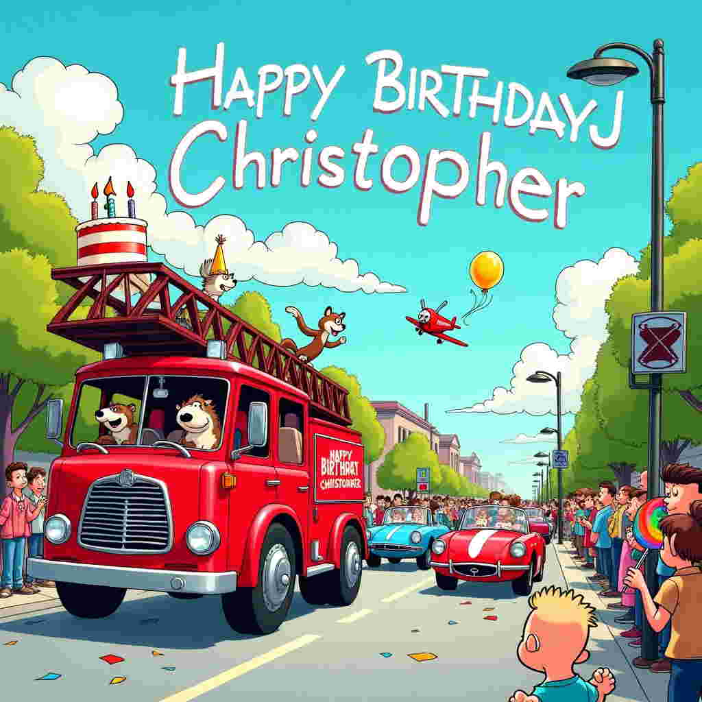 The front cover of the birthday greeting card bursts with vibrant color and dynamic action, combining whimsy and adventure. The scene is set on a bustling street during a birthday parade. On the left side, a bright red fire engine, reminiscent of a Charles Schulz cartoon, is comically oversized with an exaggeratedly long ladder that stretches towards the sky. Its wheels are cartoonishly large, and there's a small birthday cake painted on its side with the words "Happy Birthday Christopher" cleverly integrated into the icing of the cake. The fire engine’s crew has been replaced by a trio of zany cartoon animals, reminiscent of Disney's classic characters—an enthusiastic raccoon steering, a chatty parrot perched on the ladder, and a cheeky squirrel ringing the bell.

Adjacent to the fire engine is a line of sleek sports cars, each drawn in the exaggerated, playful style of Bill Watterson. These cars have eyes and mouths, much like animated characters, and are decked out in birthday party attire. One wears a party hat on its antenna, another has a stream of balloons trailing from its spoiler, and a third has a banner across its windshield that reads "Vroom Vroom, Happy Birthday Christopher!" in bold, cartoonish letters.

Above this lively street scene, the sky is a vast, cheerful blue with fluffy clouds that mimic the style of Winsor McCay. In a clever twist, a plane is skywriting "Christopher" across the heavens, with the letters playfully twisting and turning among the clouds. Onlookers—a mix of animated townsfolk inspired by Hergé’s simple yet expressive style—cheer and wave, adding to the festive atmosphere.

In the foreground, a child holds a large, rainbow-colored lollipop, pointing excitedly towards the parade. The card is filled with details like confetti gently falling from the sky and a streetlight whimsically bending to catch a glimpse of the festivities. The scene is bustling with humor and charm, a perfect blend of storytelling and artistry to celebrate Christopher's special day.
Generated with these themes: Fire Engine, Sports Cars, No dogs, and Firemen.
Made with ❤️ by AI.