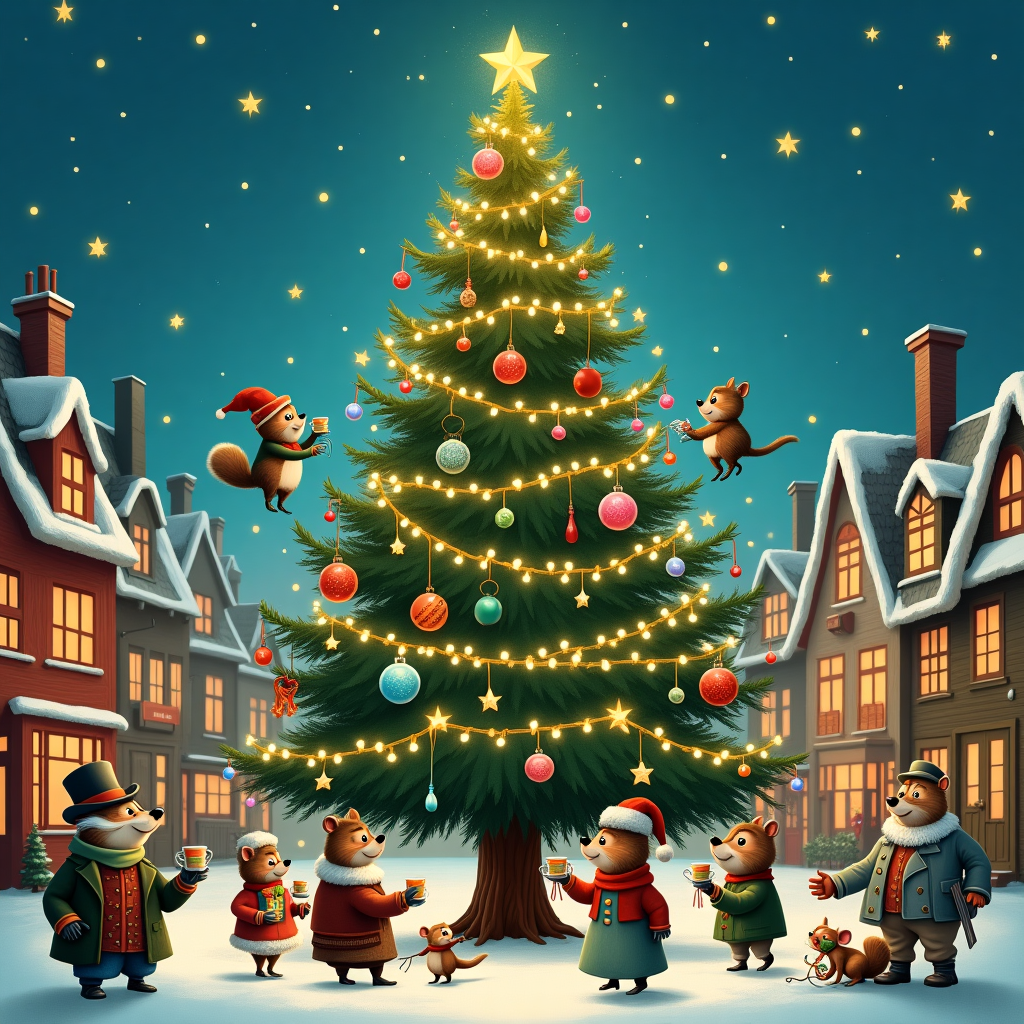 Big christmas tree, merry christmas spelt out in christmas lights Christmas Card