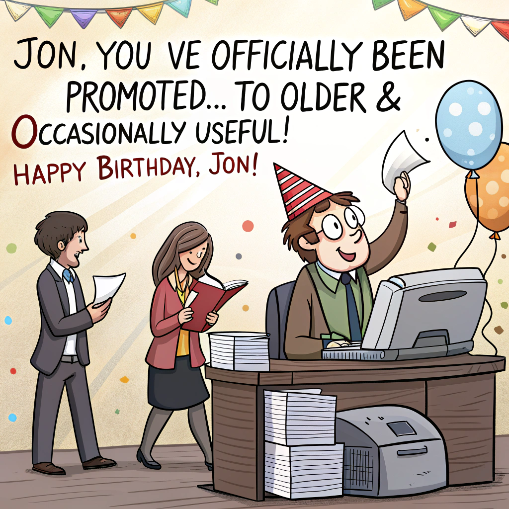 At the top of the image, "Jon, you’ve officially been promoted… to Older & Occasionally Useful!"

- In the center of the image, illustrate a busy cartoon office scene with Jon (a caricatured character in a birthday hat) sitting at a desk that’s buried under comically high stacks of paperwork. Around him, coworkers are celebrating: one’s hanging streamers on the printer, another’s trying to blow up balloons while still on a conference call. A “Happy Birthday, Jon!” banner hangs crookedly over the coffee machine. Jon holds a mug that reads “World’s Oldest Intern” while a confused intern takes notes next to him.  

- Add little humorous details like a cake made out of office supplies (staplers, folders, pens) and a sticky note stuck to Jon’s back that reads “DO NOT DISTURB – AGING IN PROGRESS.”
Generated with these themes: Work Fun.
Made with ❤️ by AI.