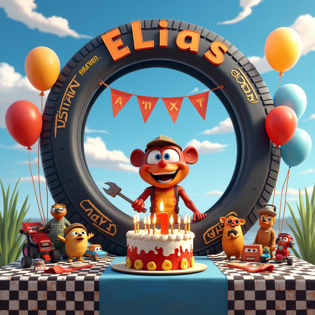 In a whimsical garage-themed birthday party, the scene comes to life under a vibrant outdoor setting, complete with a clear blue sky in the backdrop. At the center of the celebration is an animated hotwheels car, eagerly preparing to blow out candles on a cake shaped like a tire, adorned with playful flames drawn on its sides. Cheerful animals dressed as pit crew members add to the festive atmosphere, brandishing various party tools like wrenches and tire irons that cleverly double as party accessories.

The background is decorated with balloons shaped like car parts that float cheerfully in the air, while banners featuring a checkered pattern reminiscent of a finish line enhance the race car theme. Amidst this joyful chaos, the name 'Elias' is creatively woven into the sky, with clouds shaped into each letter reflecting a delightful mix of artistic influences.

In the foreground, a looping miniature racetrack buzzes with activity, tiny hotwheels cars racing around, injecting movement and excitement into the scene. Tables are covered with comic-strip tablecloths, showcasing snippets of humorous dialogue and slapstick encounters that bring extra smiles to the gathering. 

The birthday cake stands out as a centerpiece, fashioned as a large wheel with candles resembling spark plugs, emitting a cartoonish, electric glow. Presents wrapped in paper adorned with vintage cartoon frames sit invitingly, each bow topped with a tiny car, completing the festive charm. An elaborate birthday sign hangs across the garage door, proclaiming 'Happy Birthday Elias!' in bold letters styled like a captivating mix of classic fonts.

This enchanting celebration perfectly captures the spirit of a hotwheels-themed birthday, where joy and creativity come together for an unforgettable day.

Generated with these themes: hotwheels.
Made with ❤️ by AI.