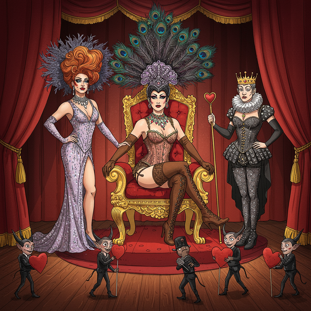 In this whimsical and risqué Valentine's Day card, the scene unfolds on a stage reminiscent of a lavish, vintage theater. The curtains, drawn to the sides, are deep crimson velvet, adorned with golden tassels. The floor is polished mahogany, gleaming under the spotlight. 

At center stage stands an elaborate throne, gilded with ornate carvings and plush red velvet cushions. Seated upon it is a grand Mistress, her attire a burlesque fusion of opulence and drama. Her corset, richly embroidered with gold thread and tiny sequins, catches the light, and her feathered headdress extends upwards like a peacock's fan, painted in rich purples and blues. Her knee-high boots, laced up tightly, are the color of dark chocolate leather.

Flanking the throne, a Drag Queen stands to the left, dazzling in a sequined gown that cascades to the floor in a waterfall of iridescent colors, echoing the plumage of a mythical bird. Her makeup is bold, with exaggerated eyelashes and ruby-red lips, a nod to the theatrical styles of Aubrey Beardsley, yet with a contemporary twist.

To the right of the throne, a character dressed as a regal Queen, with a corseted bodice and a wide skirt reminiscent of the Tudors, stands confidently. Her crown is a masterpiece, dripping with faux jewels that catch the stage lights, and her scepter is topped with a heart, subtly integrating the Valentine's theme.

In the foreground, a small group of mischievous imps, in Edward Gorey's style, clad in minimal black leather and silver studs, scuttle about, carrying heart-shaped props and red ribbons. They wear tiny top hats and masks, adding a playful, BDSM-inspired twist.

Behind this central tableau, a backdrop painted in the style of Maxfield Parrish depicts a twilight sky, with swirling clouds of lavender and pink. A banner, woven into the sky by two cherubic imps, reads "mrs Rene" in flowing, elegant script, the letters forming seamlessly from the curling tendrils of clouds.

The scene is intricately detailed, with each element adding to a sense of depth and playfulness, creating a visual feast that combines the elegance of art movements past with the cheeky allure of modern Valentine’s Day.
Generated with these themes: Burlesque, Mistress, Queen, Dragqueen, and Bdsm.
Made with ❤️ by AI.