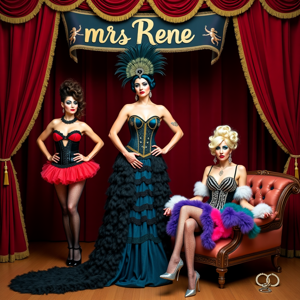 **Front Cover Description:**

The scene is set on a lavish, theatrical stage adorned with plush red velvet curtains trimmed in gold tassels, creating an opulent backdrop reminiscent of a grand burlesque show. The wooden floorboards are polished to a gleam, reflecting the vibrant colors above.

In the center, a dominant figure stands, embodying a regal Mistress, Queen, and Drag Queen all in one. Her gown is an extravagant fusion of peacock feathers, shimmering sequins, and black lace, trailing behind her like a majestic train. Her corset is a deep sapphire blue with intricate golden embroidery reminiscent of Beardsley’s detailed patterns. A towering headdress of gilded peacock feathers and sparkling jewels crowns her head, casting a silhouette that commands attention. Her makeup is bold and theatrical, with exaggerated eyes and crimson lips.

To her left, a burlesque dancer strikes a pose. She wears a playful, ruffled skirt in candy-apple red and black stripes, paired with thigh-high stockings and shiny patent leather boots. A heart-shaped cutout frames her décolletage, and a feather boa is draped over her shoulders.

On her right, a Drag Queen sits on an ornate, plush velvet chaise lounge, crossing their elegantly clad legs in fishnet stockings and glittering stilettos. Their dress is a riot of colors—magenta, violet, and teal—decorated with rhinestones that catch the light, adding a dazzling flair. Their long, dramatic nails are painted a metallic silver.

Above this ensemble, an elegant banner unfurls from the ceiling, painted in swirling gold letters that read "mrs Rene" against a backdrop of opulent deep purple. Surrounding the banner, small cherubs, reminiscent of Rackham’s whimsical style, are playfully holding it up.

In the foreground, a whimsical BDSM element is subtly included with a pair of golden handcuffs hanging daintily from a heart-shaped hook on the side of the stage. A crop and a feather tickler are artfully laid out on a small, round, velvet-topped table.

The stage is illuminated by an elaborate crystal chandelier, casting prismatic light across the scene. Small glittering stars hang from thin wires, adding a touch of Maxfield Parrish’s enchanting dreaminess to the background. 

The scene is rich with detail and contrasts of texture and color, combining the illustrative charm of Quentin Blake's expressive linework with the lavish elegance of Doré’s intricate design.
Generated with these themes: Burlesque, Mistress, Queen, Dragqueen, and Bdsm.
Made with ❤️ by AI.