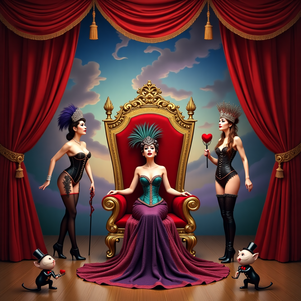In this whimsical and risqué Valentine's Day card, the scene unfolds on a stage reminiscent of a lavish, vintage theater. The curtains, drawn to the sides, are deep crimson velvet, adorned with golden tassels. The floor is polished mahogany, gleaming under the spotlight. 

At center stage stands an elaborate throne, gilded with ornate carvings and plush red velvet cushions. Seated upon it is a grand Mistress, her attire a burlesque fusion of opulence and drama. Her corset, richly embroidered with gold thread and tiny sequins, catches the light, and her feathered headdress extends upwards like a peacock's fan, painted in rich purples and blues. Her knee-high boots, laced up tightly, are the color of dark chocolate leather.

Flanking the throne, a Drag Queen stands to the left, dazzling in a sequined gown that cascades to the floor in a waterfall of iridescent colors, echoing the plumage of a mythical bird. Her makeup is bold, with exaggerated eyelashes and ruby-red lips, a nod to the theatrical styles of Aubrey Beardsley, yet with a contemporary twist.

To the right of the throne, a character dressed as a regal Queen, with a corseted bodice and a wide skirt reminiscent of the Tudors, stands confidently. Her crown is a masterpiece, dripping with faux jewels that catch the stage lights, and her scepter is topped with a heart, subtly integrating the Valentine's theme.

In the foreground, a small group of mischievous imps, in Edward Gorey's style, clad in minimal black leather and silver studs, scuttle about, carrying heart-shaped props and red ribbons. They wear tiny top hats and masks, adding a playful, BDSM-inspired twist.

Behind this central tableau, a backdrop painted in the style of Maxfield Parrish depicts a twilight sky, with swirling clouds of lavender and pink. A banner, woven into the sky by two cherubic imps, reads "mrs Rene" in flowing, elegant script, the letters forming seamlessly from the curling tendrils of clouds.

The scene is intricately detailed, with each element adding to a sense of depth and playfulness, creating a visual feast that combines the elegance of art movements past with the cheeky allure of modern Valentine’s Day.
Generated with these themes: Burlesque, Mistress, Queen, Dragqueen, and Bdsm.
Made with ❤️ by AI.