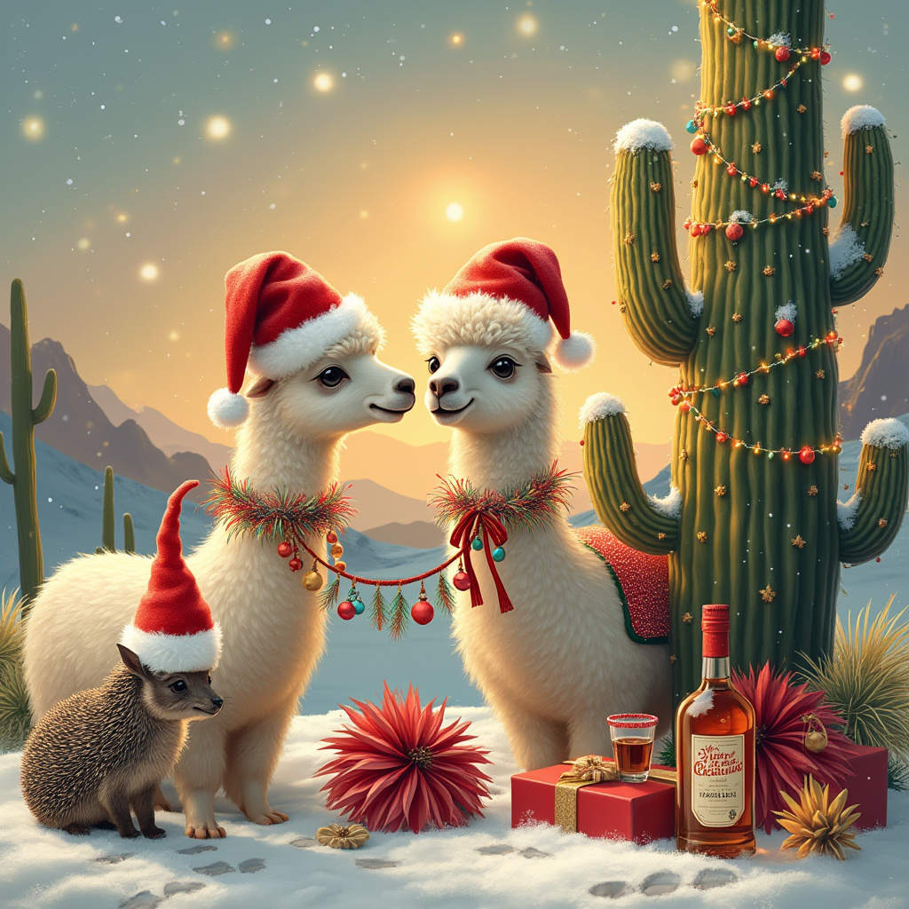 In this whimsical and enchanting Christmas card scene, imagine a sun-drenched desert landscape dusted lightly with snow, where the unlikely merriment of holiday spirit thrives. At the forefront, a pair of llamas with thick, fluffy fur sport vibrant red Santa hats tipped with white pom-poms. One llama cheekily nuzzles a festoon of colorful tinsel looped around its neck, which catches the sunlight in a dazzling display. Beside them, a small, prickly hedgehog also dons a tiny Santa hat that seems almost comically oversized for its diminutive head, the edges drooping endearingly. These charming creatures gather around a grand cactus, transformed into a makeshift Christmas tree. The cactus is wrapped in strands of twinkling fairy lights that cast a warm glow as the sun sets, with shimmering baubles and star-shaped ornaments adorning its arms. Underneath this desert Christmas tree, a smattering of brightly wrapped presents with bold ribbons awaits discovery. One box has a tag that reads "Merry Christmas Paul & Debbie" in elegant cursive. In the background, a small wooden table is set up with festive cheer; a bottle of tequila stands proudly, surrounded by shot glasses rimmed with festive red sugar, ready for a celebratory toast. The scene is complete with a trail of hoof and paw prints in the light snow, suggesting a playful holiday gathering in this unexpected winter wonderland.
Generated with these themes: Llamas with Santa hats, lights, tinsel, Hedgehogs with Santa hats, Cactus decorated like Christmas tree, Presents , Tequilla, and Christmas scene with Merry Christmas Paul & Debbie .
Made with ❤️ by AI.