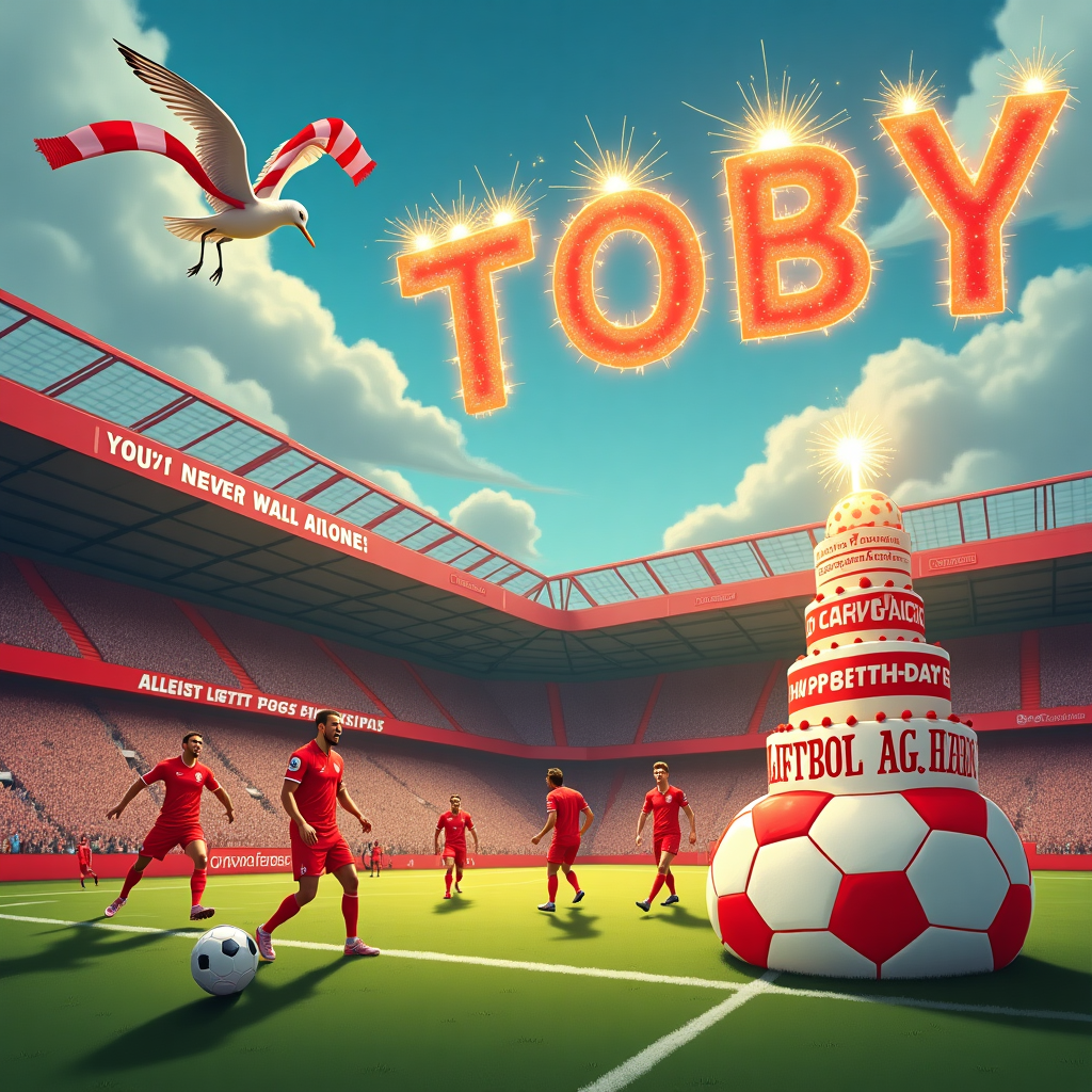 Picture a lively, bustling scene set at Anfield Stadium, the iconic home of Liverpool Football Club. The foreground features a vividly realistic depiction of a football match, where the players, clad in the famous red Liverpool kits, are caught mid-action with the ball soaring towards the goal. Amongst them, a cheeky seagull wearing a miniature Liverpool scarf has swooped in, playfully clutching a small birthday card in its beak, intended for "Toby." 

In the stands, a jubilant crowd, a sea of red and white, is captured in the midst of chanting and cheering. Above them, the stadium's famous "You'll Never Walk Alone" sign is visible, subtly altered to read "You'll Never Age Alone," cleverly nodding to the birthday theme. 

To the right of the scene, a towering birthday cake shaped like a football sits proudly, its top layer adorned with sparklers that spell out "Happy Birthday Toby" in a glowing, fiery display. 

High above in the sky, the clouds have miraculously formed the letters of "TOBY," as if the universe itself is wishing him a happy birthday. A vintage Liverpool football scarf trails from one of the letters, giving the clouds a whimsical, playful appearance. 

This joyful blend of football and birthday celebrations paints a picture that captures the excitement of a match day while personally honoring "Toby" in every corner of the card.
Generated with these themes: Liverpool Football Club .
Made with ❤️ by AI.