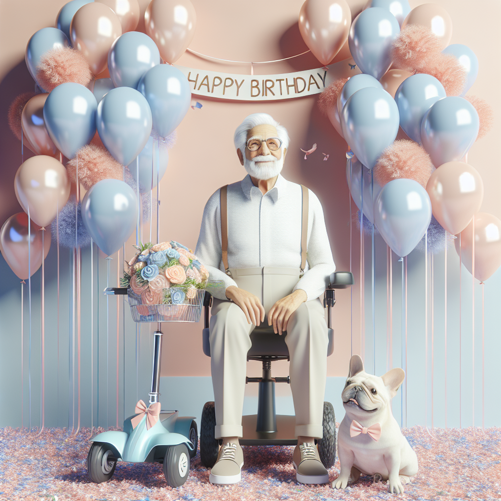 Create a realistic image in pastel hues, commemorating the birthday of an 80-year-old man who is comfortably seated on a festively decorated disability scooter. He is radiating contentment and is in the center of a cascade of balloons and streamers in soft, pastel colors. Beside him stands an adorable French bulldog, complete with a playful pastel bow tie. The tranquility of the birthday celebration, merged with the loyalty between the man and his dog, contributes to the serenity of the scene.
Generated with these themes: Pastel drawing masons 80th disability scooter French bulldog .
Made with ❤️ by AI.