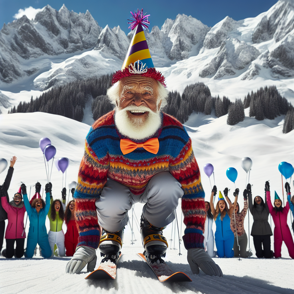 Visualize an octogenarian man with a beard, dolled up in a vibrant ski outfit with a birthday hat on his head. He is positioned on skis at the foot of a majestic mountain range, a smile radiating from his face. Surrounding him is a diverse choir of friends and family from all descents - Black, Hispanic, Caucasian, South Asian, the works. In the refreshing mountain air, they serenade him with the 'Happy Birthday' song. As they sing, the elderly man readies himself to glide down the snow-covered slopes, commemorating his eight decades of life.
Generated with these themes: 80, Bearded man, Skiing, Choir, and Mountains .
Made with ❤️ by AI.
