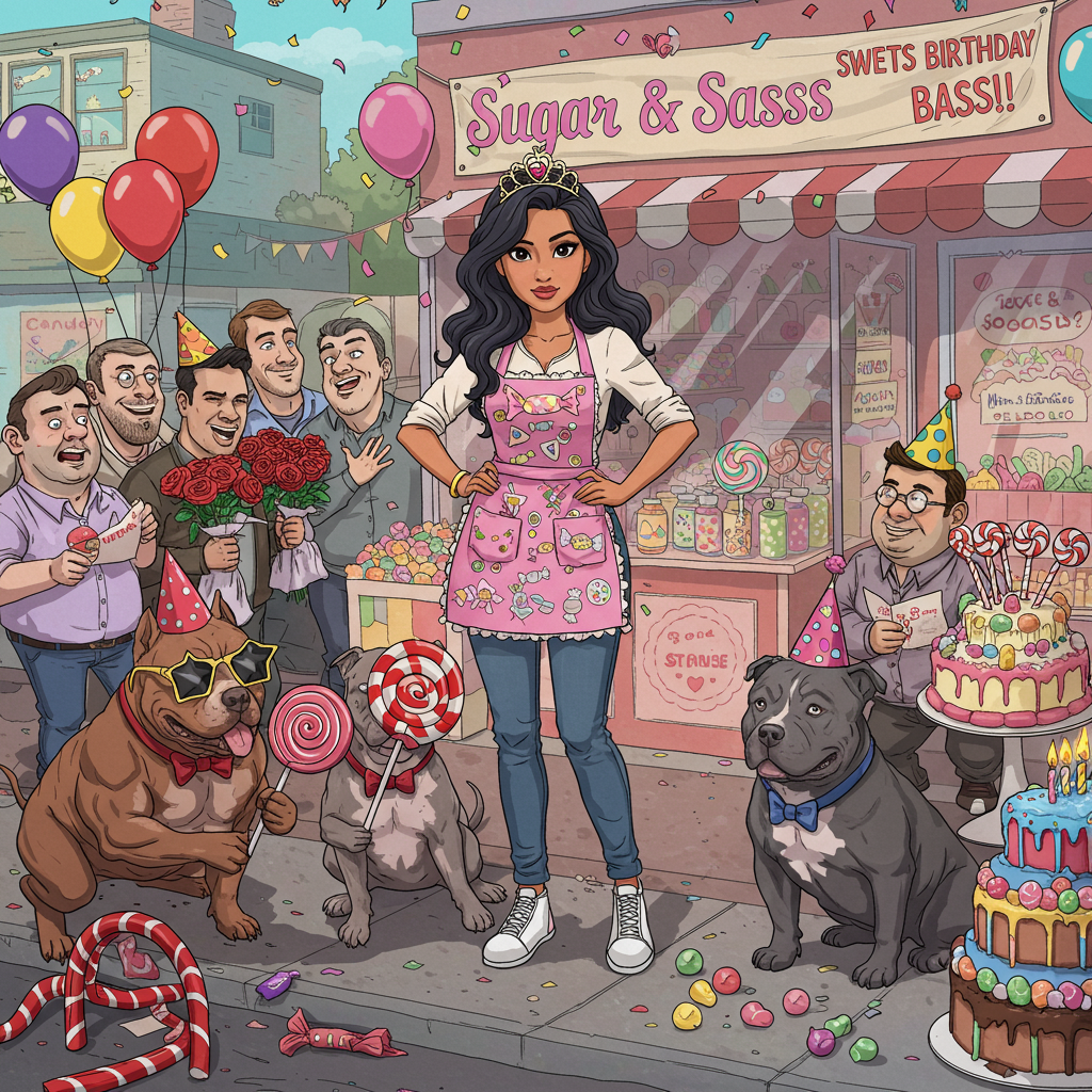 Red pitbull and gray pit bull with beautiful dark haired young woman showing no cleavage long hair who owns candy shop with a tiara with men in line Birthday Card