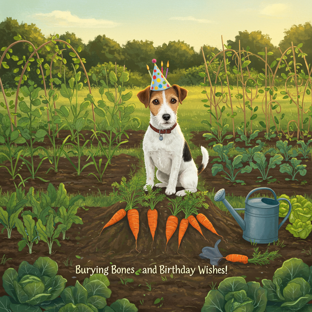 ### Image Prompt

Imagine a vibrant allotment bathed in the golden glow of a late afternoon sun. At the center of this bustling little green paradise is a mischievous Jack Russell Terrier, proudly sitting on top of a small hill of freshly dug carrots. His eyes twinkle with the joy of a job well done—or perhaps the glee of unexpected discovery.

Nearby, a watering can tips precariously, hinting at the dog's recent antics. In the background, rows of well-tended vegetables stretch out in a harmonious patchwork of greens and earthy browns, with delicate tendrils of vines weaving through the scene.

Perched jauntily on the Jack Russell's head is a small, crooked birthday party hat, its bright colors standing out against the natural backdrop. The dog's ears are perked up, as if listening for the sound of approaching footsteps, ready to dash off on another adventure.

### Text Caption

"Burying Bones and Birthday Wishes!"
Generated with these themes: Allotment, Jack russell, and .
Made with ❤️ by AI.