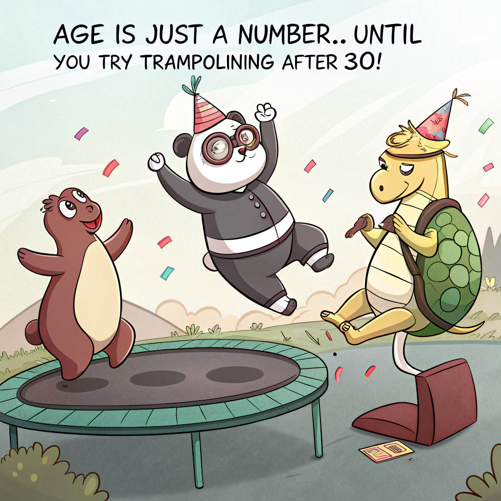 At the top of the image, "Age is just a number... until you try trampolining after 30!"

- In the center of the image, illustrate a hilarious cartoon scene at a trampoline park. Several animals are enthusiastically bouncing — a chubby panda in a party hat soaring skyward, a nervous llama mid-jump with flailing limbs, and a surprised turtle catching air (with its shell popped open like a suitcase).  
- Among them, a middle-aged human character — complete with glasses flying off and limbs akimbo — is springing off the trampoline in dramatic slow motion, clearly overwhelmed by the "fun."  
- Balloons, confetti, and a flying slice of birthday cake are caught in the chaotic bounce, adding to the ridiculousness.  
- At the bottom of the image, include the caption: "May your birthday bounce in with joy... and hopefully not a pulled muscle!"
Generated with these themes: Funny jumping trampolines.
Made with ❤️ by AI.