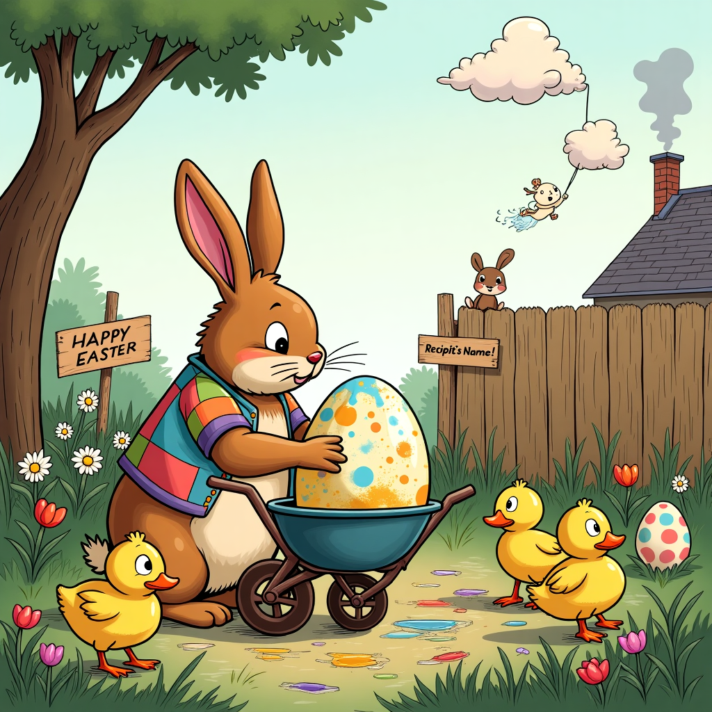 In the whimsical scene set for the front cover of this Easter greetings card, a bustling garden is brought to life with a cast of charming characters and hidden surprises, inspired by a blend of classic cartoon artistry. The foreground features a round, chubby rabbit who wears a patchwork waistcoat reminiscent of Bill Watterson's playful detail. This rabbit is engrossed in painting a giant Easter egg, its surface already splattered with vibrant hues, akin to Osamu Tezuka’s dynamic color palette. The egg is precariously balanced on a rusty wheelbarrow, surrounded by smaller eggs that lie half-hidden in tufts of grass, each painted with a face and sporting expressions that would fit right into Gary Larson's quirky world.

Nearby, a family of ducks waddles by, their beaks painted with pastel colors, leaving tiny paint trails on the garden path. The ducks’ eyes are wide and cartoonishly expressive, a nod to Charles Schulz's ability to infuse simple shapes with emotion. Above them, a tree with a trunk that curls whimsically up to the sky holds a makeshift sign nailed to it that reads “Happy Easter [Recipient’s Name]!” in a style resembling Hergé's bold and clear lettering.

In the background, a rickety wooden fence, half-hidden by oversized daisies and tulips, frames the scene. Beyond the fence, a distant silhouette of a little house with a smoking chimney, recalling the dreamlike quality of Winsor McCay’s landscapes, suggests warmth and cheer. Floating in the sky are cartoon clouds, each shaped like a different animal, adding an element of fun and surprise that mirrors R. Crumb's imaginative flair. High above, a small, slightly mischievous bunny, akin to a sidekick from an old Disney cartoon, is flying a kite that seems to steer the clouds, adding another layer of storytelling to this vibrant Easter garden tableau.
Generated with these themes: Easter eggs , Rabbits, Garden , and Ducks.
Made with ❤️ by AI.