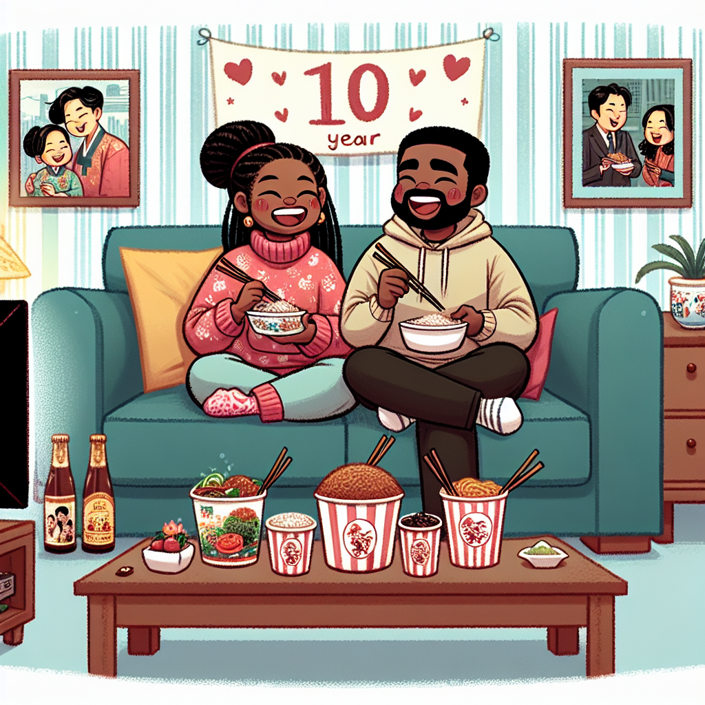 Create a whimsical cartoon illustration celebrating a 10-year anniversary. The focus is a joyful Black couple, a woman and a man, seated on a cozy couch in the center of the frame, engrossed in a Korean drama appearing on their television set. Their laughter echoes through the room. Before them on the coffee table are numerous containers of Chinese food, their favorite cuisine, with chopsticks in their hands as they enjoy their meal. The room is festively decorated to denote the significant occasion of a decade spent together, creating a heartwarming atmosphere reflecting their shared humor and warmth.
Generated with these themes: Watching K-Drama on tv , Chinese food , Black woman , 10 year anniversary , and Black man .
Made with ❤️ by AI.