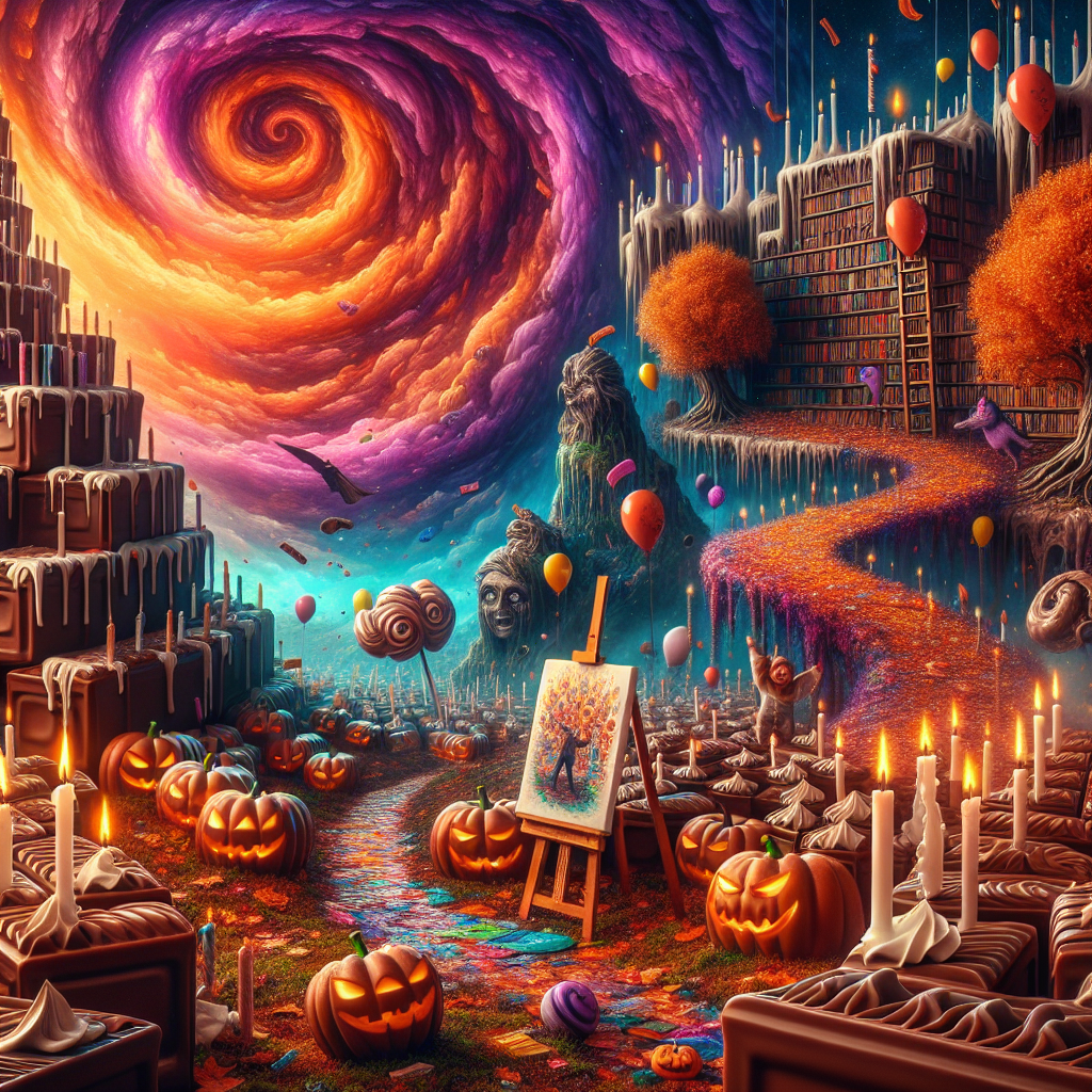 Imagine a surreal birthday setting. It's under a twilight sky that's swirling with striking tones of orange and purple. Chocolate rivers flow beneath this sky in an almost dream-like manner. There are towering piles of vintage books creating a spiral path that leads towards a mysteriously hidden library engulfed in verdant vegetation. In the core of this scene, there's a large canvas placed on an easel, and the magic of the scene is such that it seems the canvas is actively painting itself. It vividly depicts a jovial Halloween scene of pumpkins and friendly apparitions dancing in a whirl of multicolored autumn leaves.
Generated with these themes: Chocolate, Books, Painting, and Halloween.
Made with ❤️ by AI.