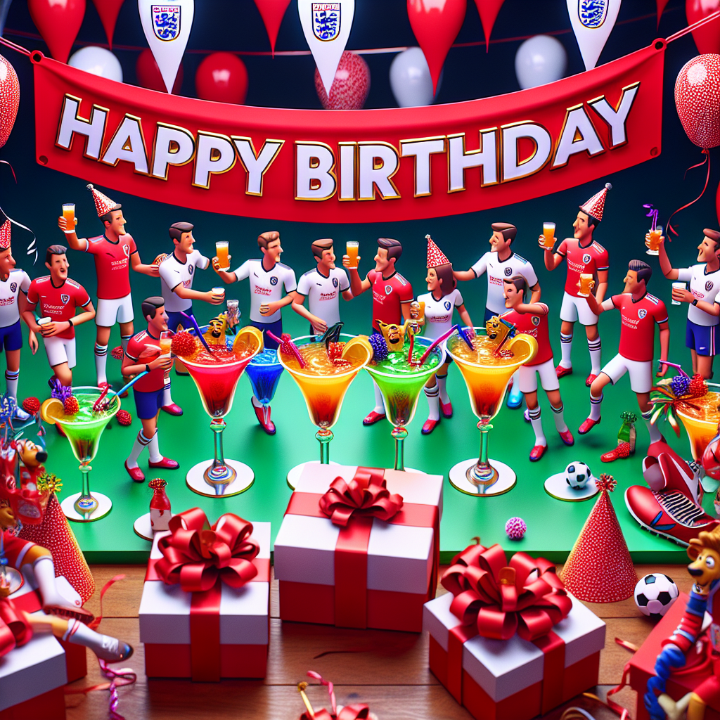 A vibrant birthday setup featuring red-wrapped gifts and festive hats, all adorned with a generic football team's emblem. Cartooned figures, some wearing the team's uniforms, are toasting glasses filled with multicolored cocktails. Above, a 'Happy Birthday' banner in a jovial font unfurls across, with balloons shaped like footballs floating nearby. The atmosphere radiates joy and loyalty to the beloved non-specific football club.
Generated with these themes: Cocktails, Manchester United, and Red.
Made with ❤️ by AI.