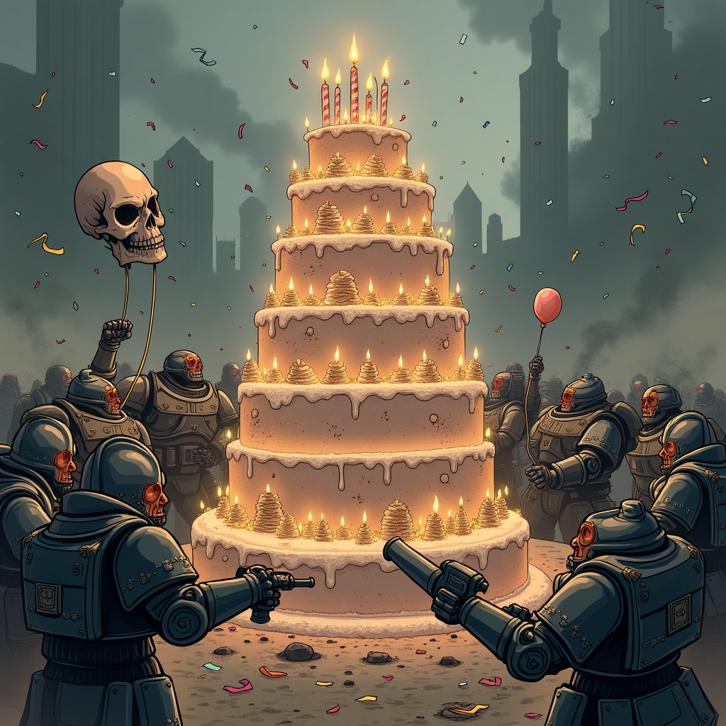**Prompt:**

At the top of the illustration image, *“Finn, today we serve cake... FOR THE EMPEROR!”*

A hilarious Warhammer 40k-inspired birthday battlefield scene. In the midst of a grim, smoke-filled warzone littered with spent bolter casings and towering gothic ruins, a massive, absurdly elaborate birthday cake rises like a holy relic. It's decorated with tiny purity seals, glowing candles shaped like plasma coils, and frosted skull motifs. Space Marines in full power armor (some missing a helmet, revealing frosting-smeared faces) are mid-battle — not against enemies, but fiercely fighting each other over the last slice. A chaos daemon peeks out sheepishly from behind the cake, licking icing off its claw, while a commissar angrily blows a party horn. Confetti mixes with ash as a servo skull floats by holding a birthday balloon. The mood is absurd, over-the-top, and unapologetically epic — the only thing more powerful than the Emperor is... cake.
Generated with these themes: Warhammer 40k huge cake in war zone.
Made with ❤️ by AI.