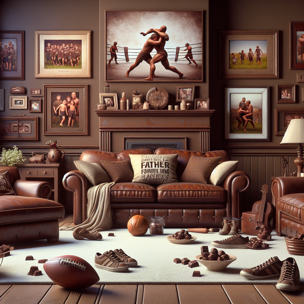 Bring to life a cozy, welcoming den painted with deep shades of chocolate brown. The room is adorned for a Father's Day occasion, sans the father. In the middle, a plush, comfortable sofa is the battlefield of an imaginary wrestling match illustrated on the throw pillows. Nearby, a neglected football and pair of much-loved sneakers tell a silent story of the day's past activities. An array of fine crafted chocolates are thoughtfully spread on a coffee table. Over the fireplace, a row of family pictures gleam, each happy face expressing strong connections and treasured memories within this dwelling. The place is further softened by the gentle snores hinting at a peaceful rest happening nearby.
Generated with these themes: Chocolate, Wrestling , Napping , Football, and His family .
Made with ❤️ by AI.