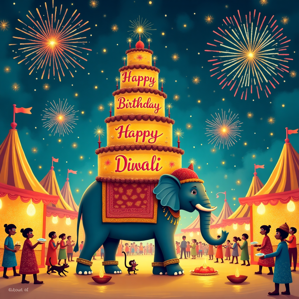 In this whimsically illustrated birthday greeting card, a bustling scene unfolds at a vibrant, imaginary Indian fairground celebrating both a birthday and the festival of Diwali. In the foreground, a cheerful elephant, adorned with colorful tapestries and jingling anklets, balances a towering cake on its back. The cake is a multi-tiered masterpiece, decorated with intricate patterns reminiscent of henna designs, and topped with sparklers that shoot colorful sparks into the air. Each tier is encircled with tiny, edible lanterns that glow softly, echoing the theme of light and festivity.

A troupe of mischievous monkeys, each donning a tiny, glitzy turban, assists in setting up a banner across the scene. The banner, made of shimmering, jewel-toned fabric, reads “Happy Birthday” in elegant, looping letters, and then seamlessly transitions to “Happy Diwali” in vibrant marigold hues. This cleverly designed banner drapes across the stalls selling sweets, like ladoos and jalebis, that line the fairground, inviting both animals and people alike to enjoy the treats.

In the background, a series of whimsical tents, reminiscent of Aubrey Beardsley’s intricate patterns, are set up, their peaks piercing the sky which is bursting with a kaleidoscope of fireworks. Each explosion forms letters in the sky, spelling out “Happy Diwali” with bursts of glittering blue and gold. The fairground is dotted with characters inspired by the works of Quentin Blake, with exaggerated limbs and lively expressions, each one engaged in festive activities—playing traditional instruments, dancing in joy, or laughing as they exchange colorful rangoli powder.

As a nod to Norman Rockwell’s detailed storytelling, a group of children dressed in traditional Indian attire, surrounded by a glow of clay diyas, hold sparklers and lanterns, creating a warm, inviting ambiance. A cheeky squirrel, reminiscent of Beatrix Potter’s animal friends, peeks from behind a marigold garland, clutching a tiny cracker in its paws, ready to join in the fun.

In the corner of the card, a small ornate box opens to reveal a puff of golden dust that spirals into the air, transforming into a gentle “Happy Birthday, Happy Diwali” message that twirls upwards, completing the scene with a sense of magical celebration.
Generated with these themes: Happy Diwali.
Made with ❤️ by AI.