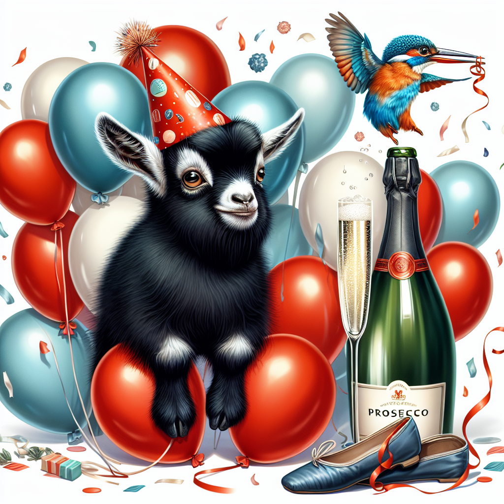 A whimsical birthday vector scene featuring a jovial black pygmy goat wearing a party hat as the main focus. The background is filled with balloons carrying the exuberant colors of red and white, reminiscent of a popular football club. A pair of dainty ballet shoes swings effortlessly from one balloon, while a bubbly Prosecco bottle is seen popping on the side, its fizz enhancing the festive atmosphere. Adding a pop of blue and orange to the color scheme, a brilliantly-colored kingfisher is perched on the bottle's neck.
Generated with these themes: Black pygmy goat, Prosecco, Liverpool Football Club, Ballet shoes, and Kingfisher.
Made with ❤️ by AI.