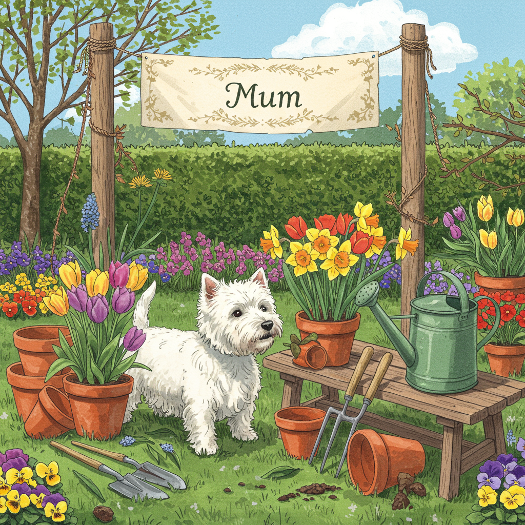 The front cover of the greeting card should feature a sunny garden scene bursting with lifelike details. In the foreground, a fluffy white Westie dog stands proudly amidst a well-tended flower bed. The Westie's fur is a brilliant white, with realistic shading to show texture, and its nose is a glossy black. It appears to be happily sniffing a bright, vibrant bouquet of tulips and daffodils, which add splashes of color—rich purples, sunny yellows, and fiery oranges.

Beside the Westie, a set of vintage gardening tools are neatly arranged on a small, rustic wooden bench. A green metal watering can with a long spout leans against the bench, droplets of water visible on its surface, catching the sunlight. Scattered around are a few terracotta pots, some filled with potting soil, others brimming with daisies and pansies.

In the background, a lush green hedge borders the garden. Overhead, the sky is a bright, clear blue, a few fluffy clouds drifting lazily by. In the center of the scene, an ornate banner hangs between two wooden posts. The banner is cream-colored, with delicate floral patterns etched along the edges in gold. In the middle, in elegant script, it reads "Mum."

The entire scene should capture the intricate beauty of a garden in spring, with lifelike textures and vivid colors, drawing attention to the harmonious interaction of the Westie, flowers, and gardening elements.
Generated with these themes: white westie dog flowers gardening .
Made with ❤️ by AI.