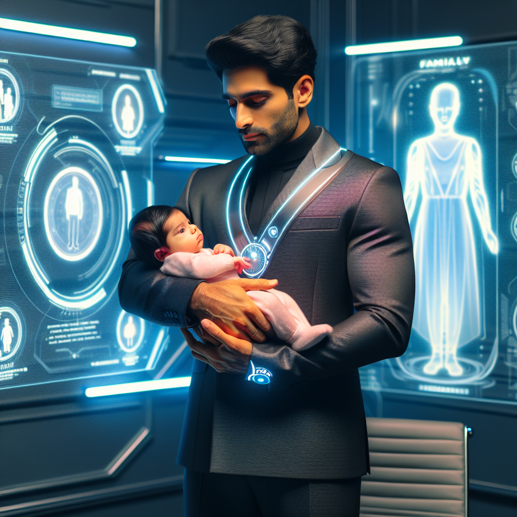 A proud South Asian father in a futuristic setting cradles his newborn baby girl, beholding her with a look of affection. His attire reflects the fashion of the era well into the future, sleek and advanced. Encircling them, the walls shimmer with holographic displays that exhibit significant family events and lauded accomplishments, symbolizing the extension of success through generations. These holograms exude a comforting glow, illuminating the room in a soft luminescent light, adding a touch of warmth to the scene.
Generated with these themes: Father to baby girl , and Sci fi.
Made with ❤️ by AI.
