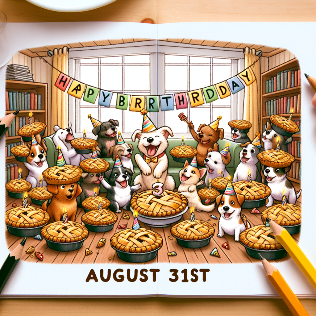 Create an amusing illustration that portrays a collection of small dogs joyfully celebrating in a room filled to the brim with a variety of pies, each one looking more delicious than the last. The scene is set in a merry birthday party ambiance, with the date August 31st boldly shown to signify the special occasion. This whimsical scenario of dog celebration amidst a birthday bash shouldn't be overshadowed by the tempting pies.
Generated with these themes: Small dogs celebrating in a room full of pies, and August 31st.
Made with ❤️ by AI.