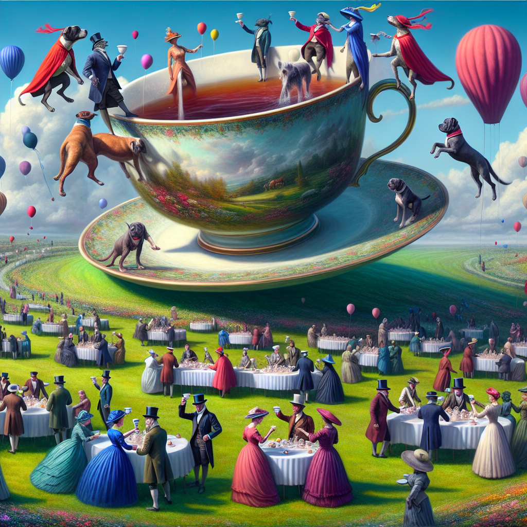 Envision a scene straddling the line between dreams and reality: a substantial birthday gathering located in an expansive emerald meadow that appears to stretch beyond the horizon. In this surreal universe, noble dogs garbed in colorful capes of red and blue dance gracefully amongst the attendees, who are men and women of varying descents, all dressed in Victorian-era garden party attire. A massive teacup, akin to a fountain in size, overflows with a ceaseless stream of hot tea as if brewed by an invisible colossal being. These celebrating individuals raise their fine bone china against a sky filled with balloons shifting into fantastical forms by the playful wind.
Generated with these themes: Dogs in capes, and Tea.
Made with ❤️ by AI.