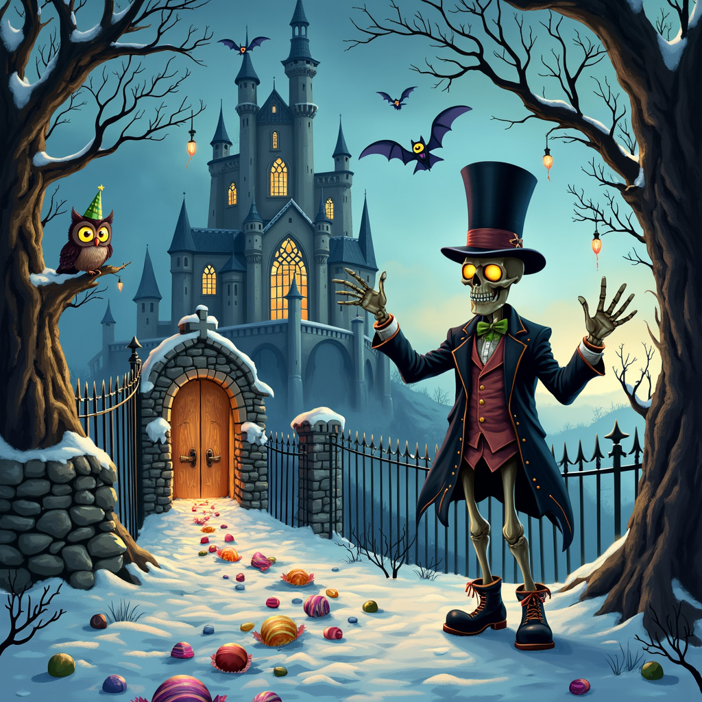 In this whimsical birthday greeting card scene, envision a towering, spooky castle perched atop a snow-covered hill, its gothic spires piercing a twilight sky awash with a gradient of deep blues and purples. The castle's stone walls are ancient and cracked, festooned with hanging icicles that sparkle like crystal daggers. Surrounding the castle is an ornate gothic fence, each iron bar twisted into sinister shapes, topped with sharp finials.

In the foreground, a skeletal figure stands jauntily beside the fence, dressed in a flamboyant top hat and a tattered, old-fashioned suit, one bony hand raised in a jovial wave. At his feet lies a trail of vibrant candy, wrapped in shiny foil, leading into the scene as if beckoning the viewer to follow.

To the left, an ancient oak tree, its gnarled branches heavy with snow, looms over a cobblestone path. Perched on one of its limbs is a wise, yet slightly mischievous, owl wearing a tiny birthday hat, its large eyes peering curiously at the skeletal figure.

The background reveals a glimpse of the castle’s grand entrance, with massive wooden doors adorned with iron knockers shaped like roaring beasts. Through the partially open door, one can see a warm, inviting glow hinting at a grand birthday celebration within, complete with flickering candles and garlands of winter greenery.

The snowy ground is dotted with whimsical candy canes and chocolate truffles, partially buried in the drifts. Delicate, swirling snowflakes fall from the sky, creating a magical atmosphere, while bats, with their wings extended like gothic lace, flit around the castle towers, adding a touch of the supernatural.

The scene is framed by decorative flourishes reminiscent of Aubrey Beardsley's intricate lines, with a touch of Edward Gorey's dark whimsy and Beatrix Potter's charming details, creating a uniquely enchanting birthday card that tells a story of spooky yet festive celebration.
Generated with these themes: Spooky castell, Owl, Winterttime, Gothic fence, Skeleton, and Candy.
Made with ❤️ by AI.